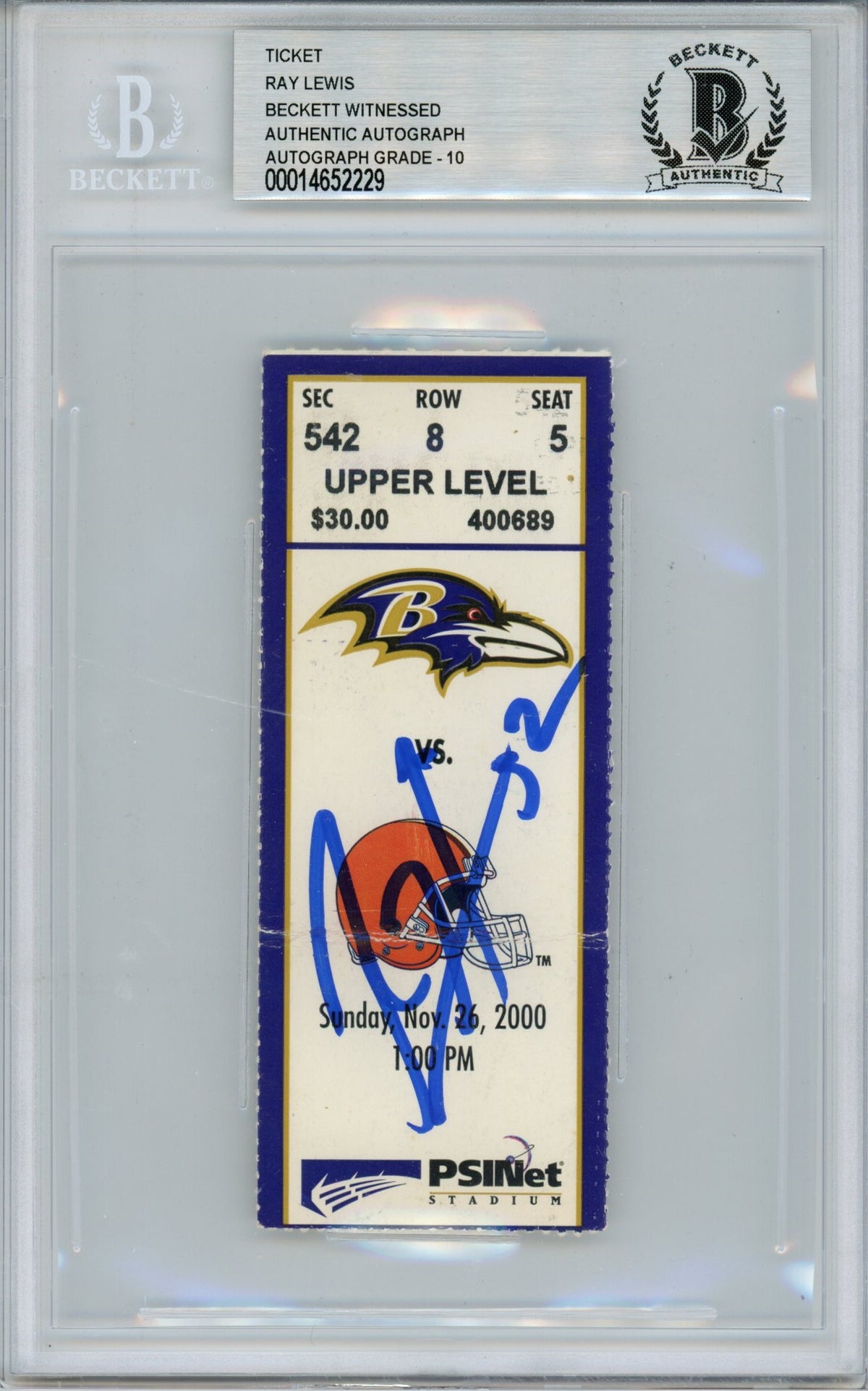 Ray Lewis Baltimore Ravens Signed Card - Ticket 11/26/00 vs Browns BAS Slab Beckett-Powers Sports Memorabilia