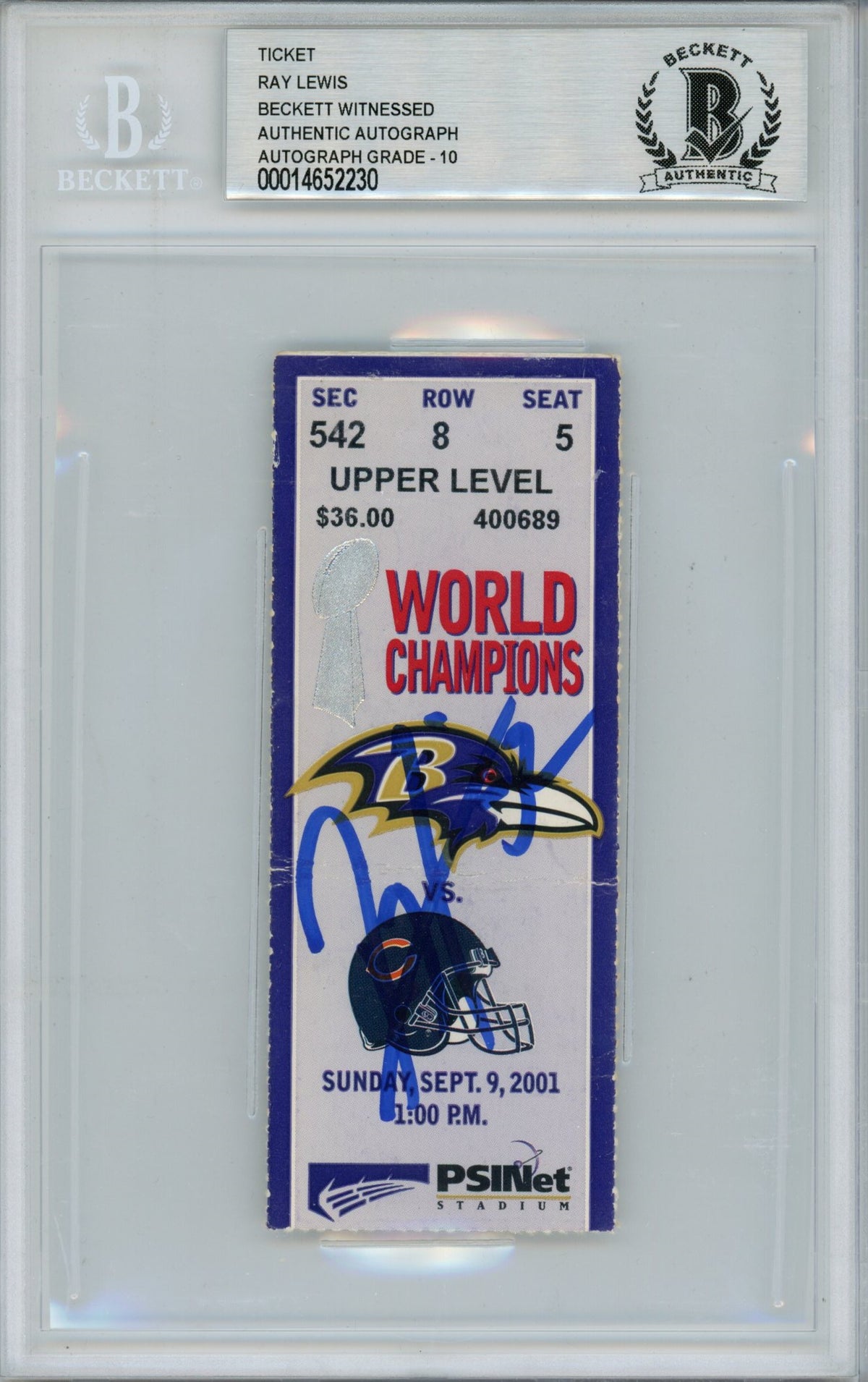 Ray Lewis Baltimore Ravens Signed Card - Ticket 9/9/01 vs Bears BAS Slab Beckett-Powers Sports Memorabilia