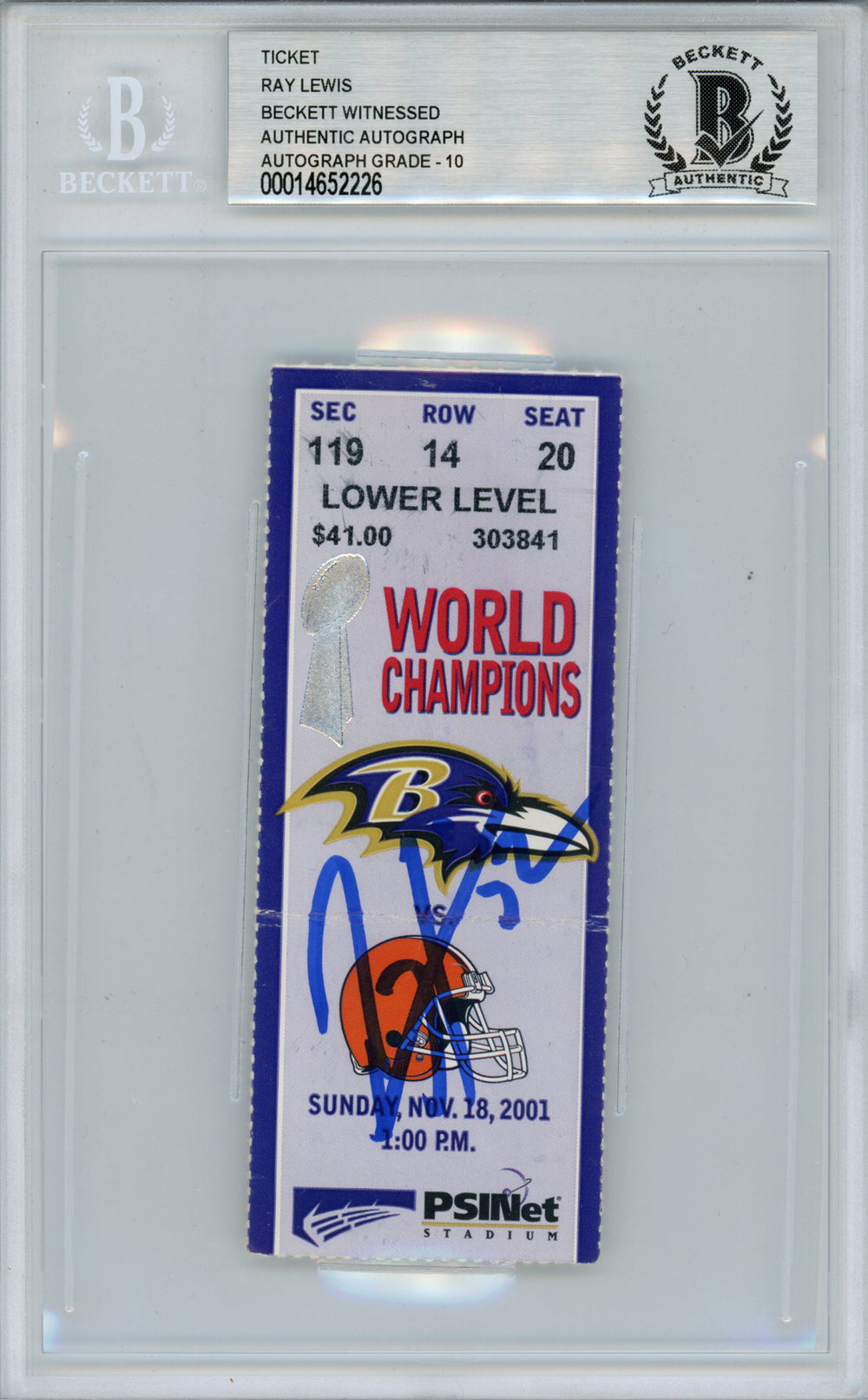 Ray Lewis Baltimore Ravens Signed Card - 11/18/2001 vs Browns Ticket Beckett Slab Beckett-Powers Sports Memorabilia