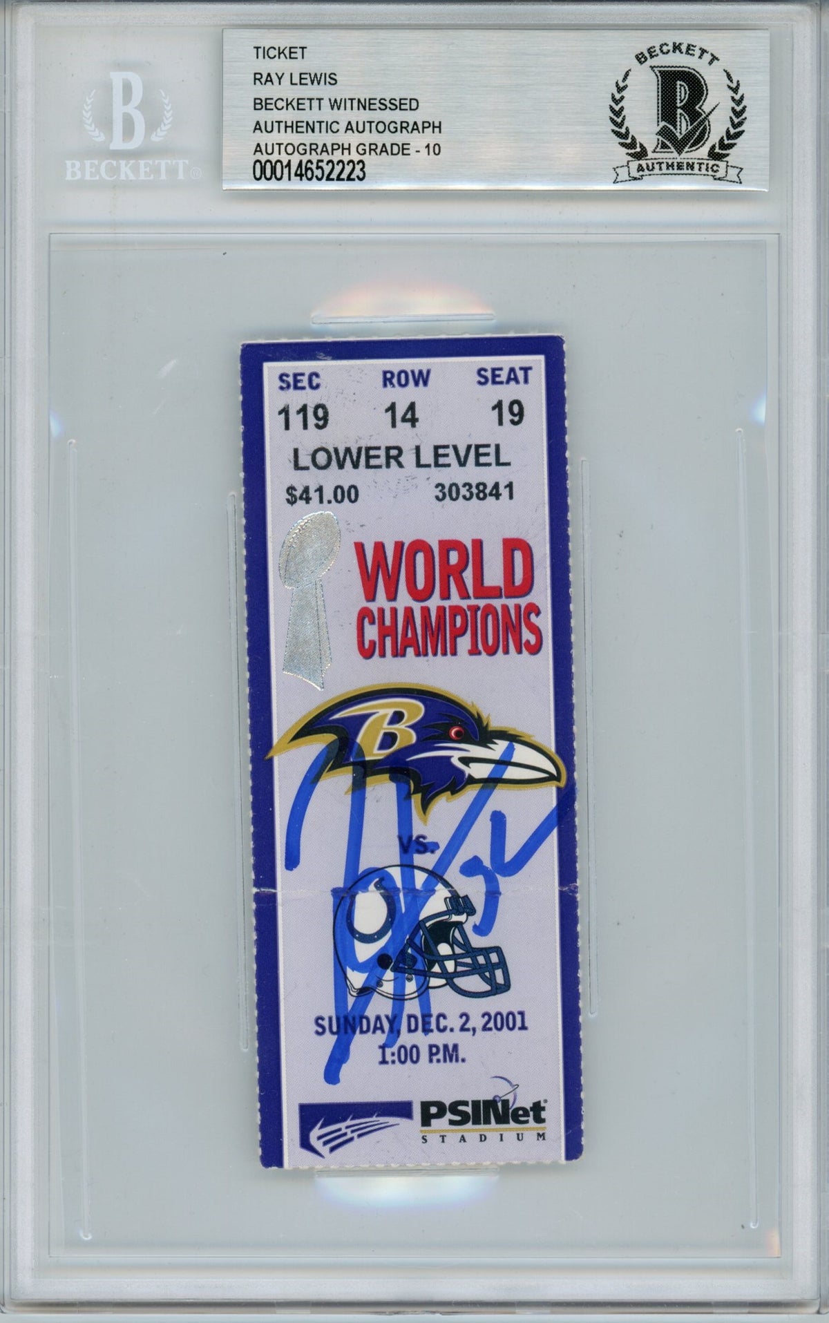 Ray Lewis Baltimore Ravens Signed Card - Ticket 12/2/01 vs Colts BAS Slab Beckett-Powers Sports Memorabilia