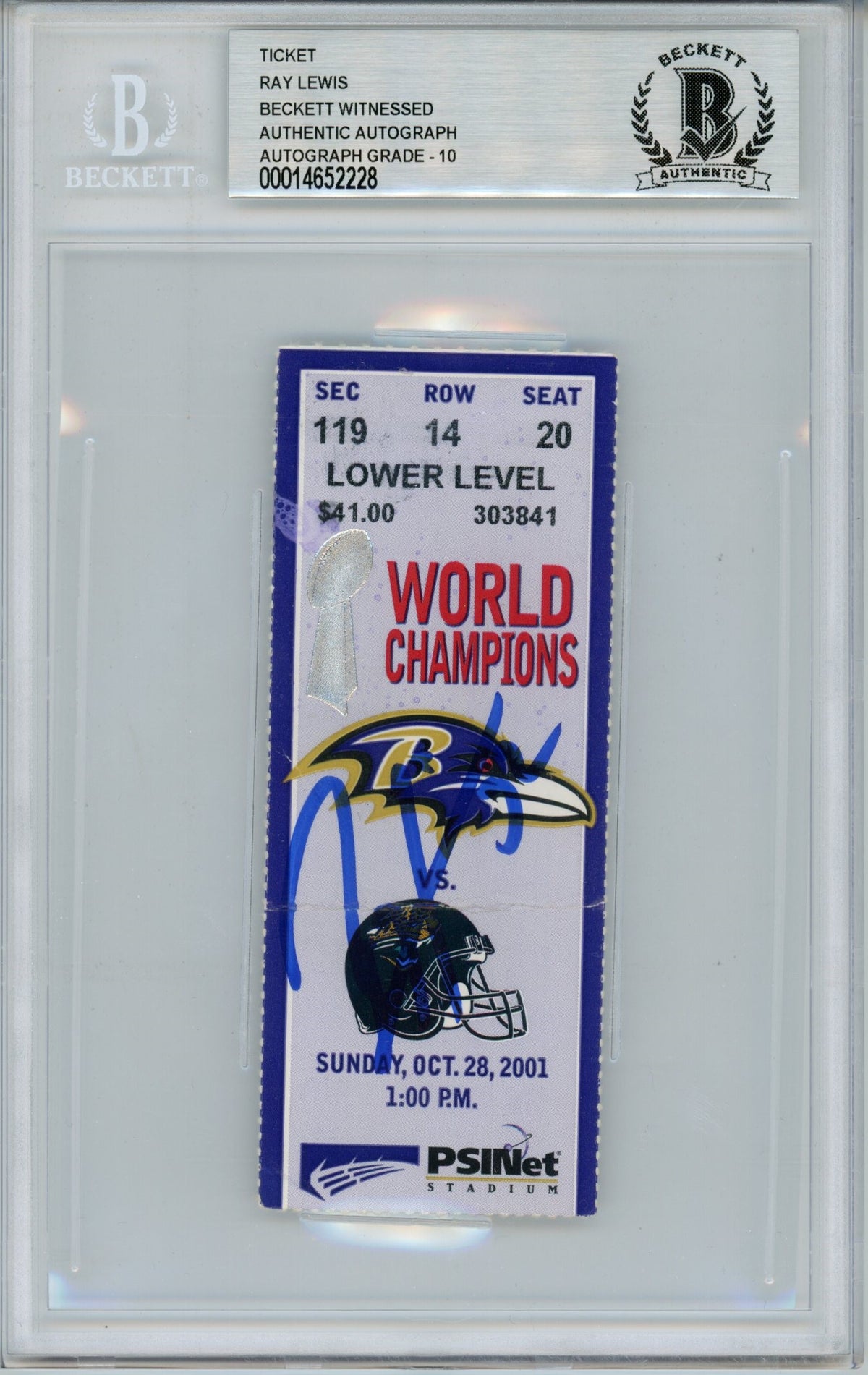 Ray Lewis Baltimore Ravens Signed Card - Ticket 10/28/01 vs Jaguars BAS Slab Beckett-Powers Sports Memorabilia
