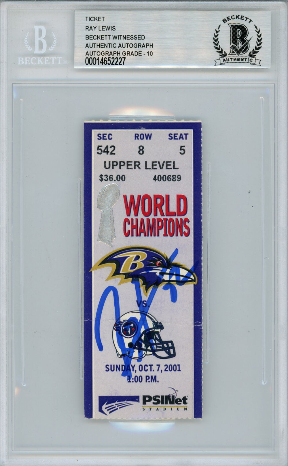 Ray Lewis Baltimore Ravens Signed Card - 10/7/2001 vs Titans Ticket Beckett Slab Beckett-Powers Sports Memorabilia