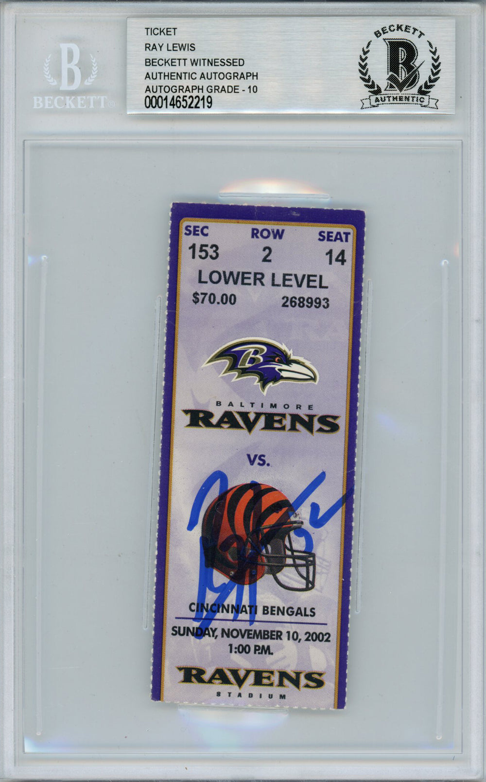 Ray Lewis Baltimore Ravens Signed Card - 11/10/2002 vs Bengals Ticket Beckett Slab Beckett-Powers Sports Memorabilia