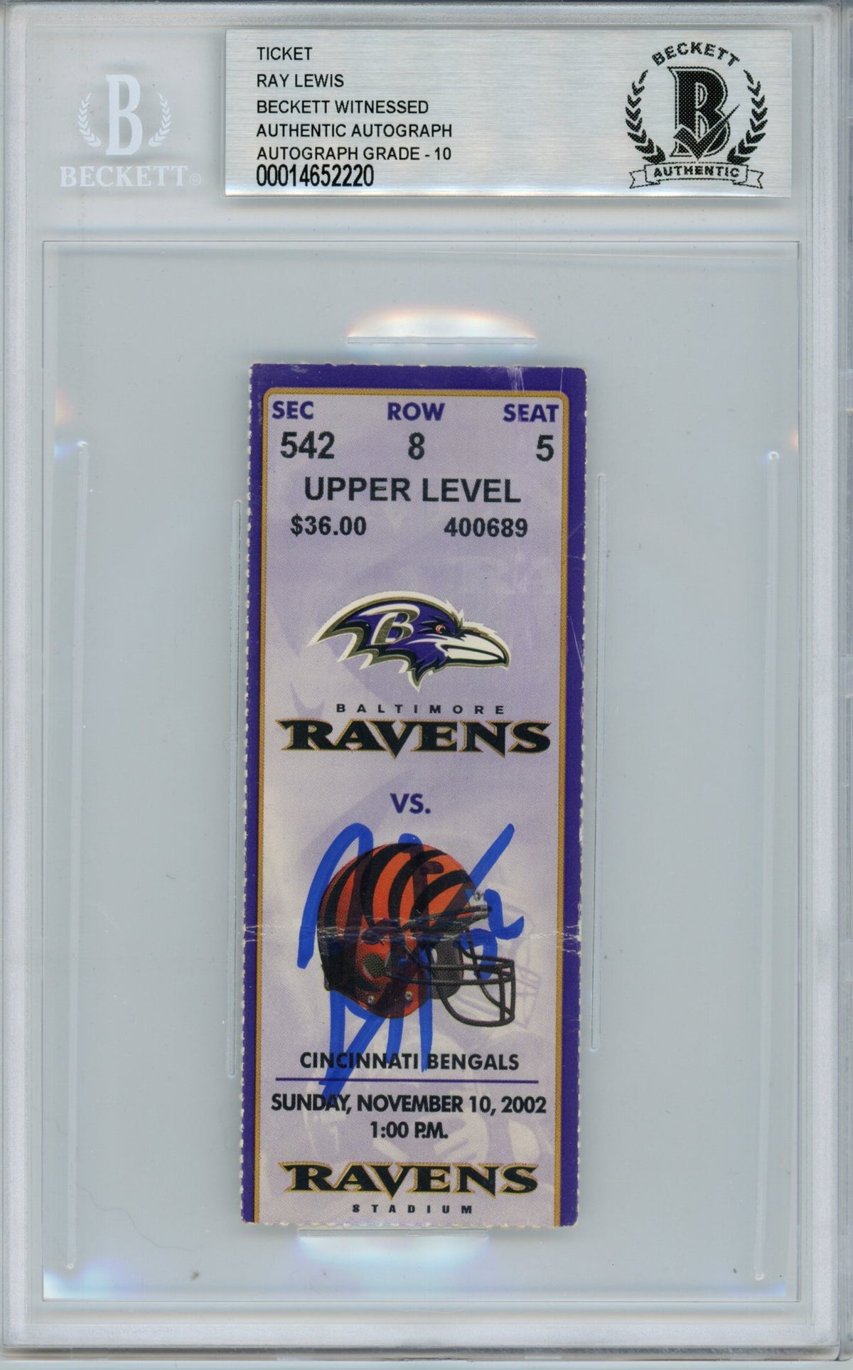Ray Lewis Baltimore Ravens Signed Card - Ticket 11/10/02 vs Bengals BAS Slab Beckett-Powers Sports Memorabilia