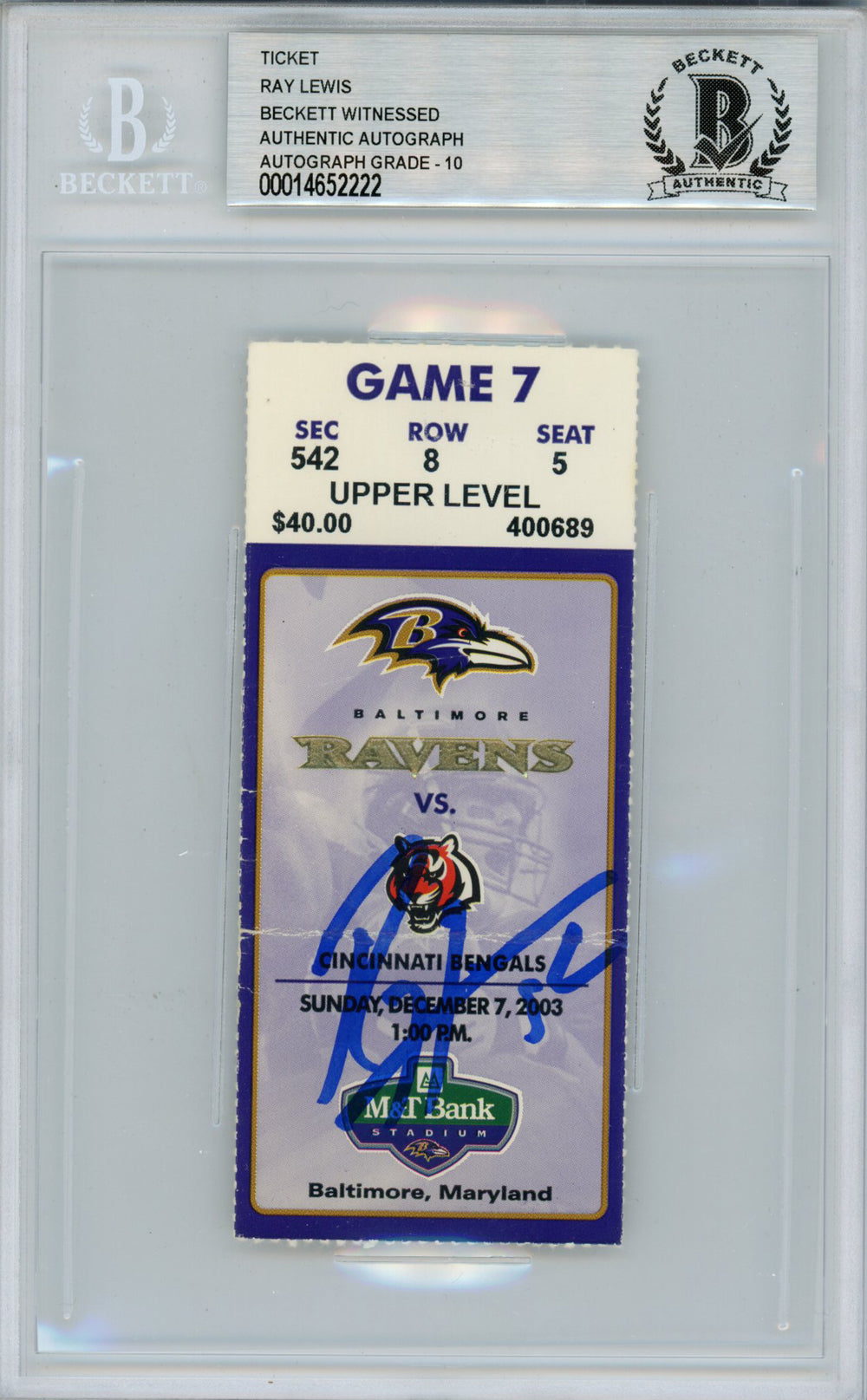 Ray Lewis Baltimore Ravens Signed Card - 12/7/2003 vs Bengals Ticket Beckett Slab Beckett-Powers Sports Memorabilia