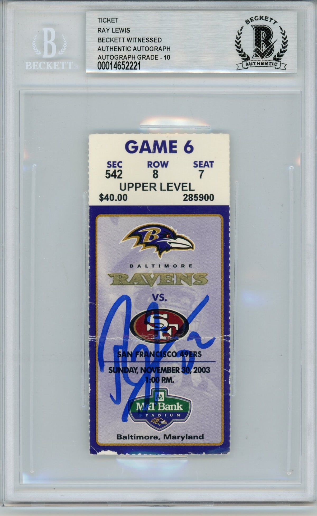 Ray Lewis Baltimore Ravens Signed Card - Ticket 11/30/03 vs 49ers BAS Slab Beckett-Powers Sports Memorabilia