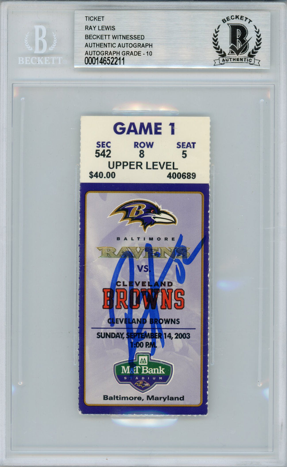 Ray Lewis Baltimore Ravens Signed Card - 9/14/2003 vs Browns Ticket Beckett Slab Beckett-Powers Sports Memorabilia