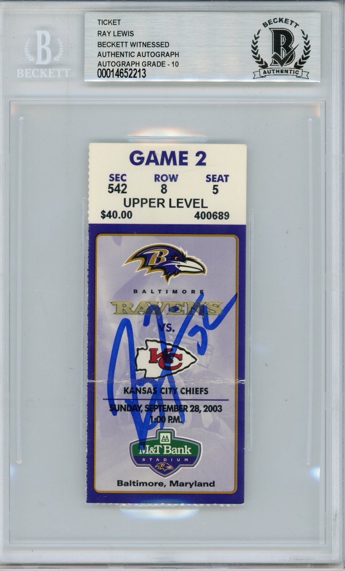 Ray Lewis Baltimore Ravens Signed Card - Ticket 09/28/03 vs Chiefs BAS Slab Beckett-Powers Sports Memorabilia