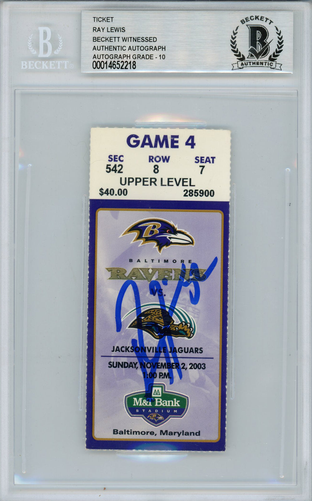 Ray Lewis Baltimore Ravens Signed Card - 11/2/2003 vs Jaguars Ticket Beckett Slab Beckett-Powers Sports Memorabilia