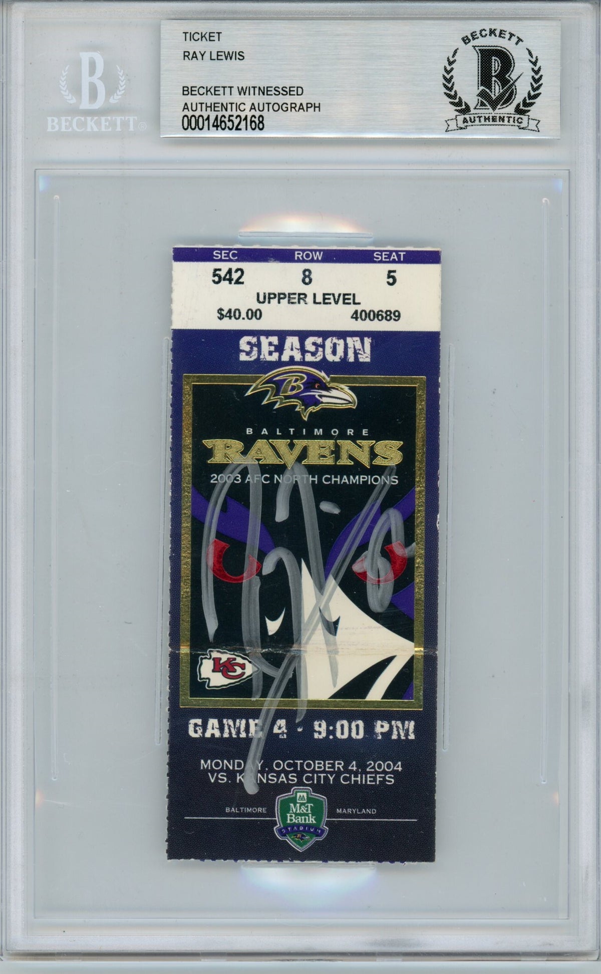 Ray Lewis Baltimore Ravens Signed Card - Ticket 10/4/04 vs Chiefs BAS Slab Beckett-Powers Sports Memorabilia