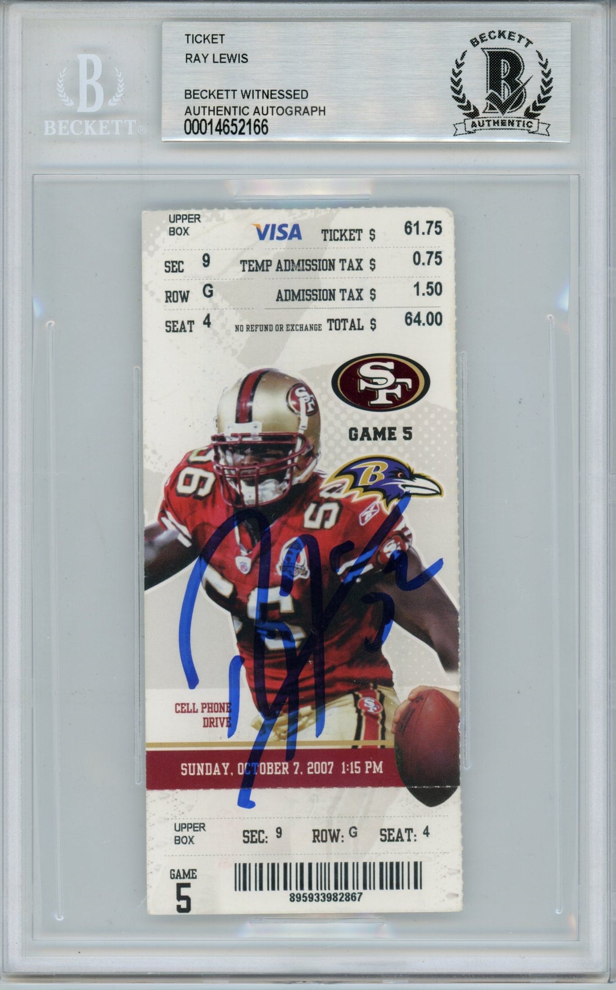 Ray Lewis Baltimore Ravens Signed Card - Ticket 10/07/07 vs 49ers BAS Slab Beckett-Powers Sports Memorabilia