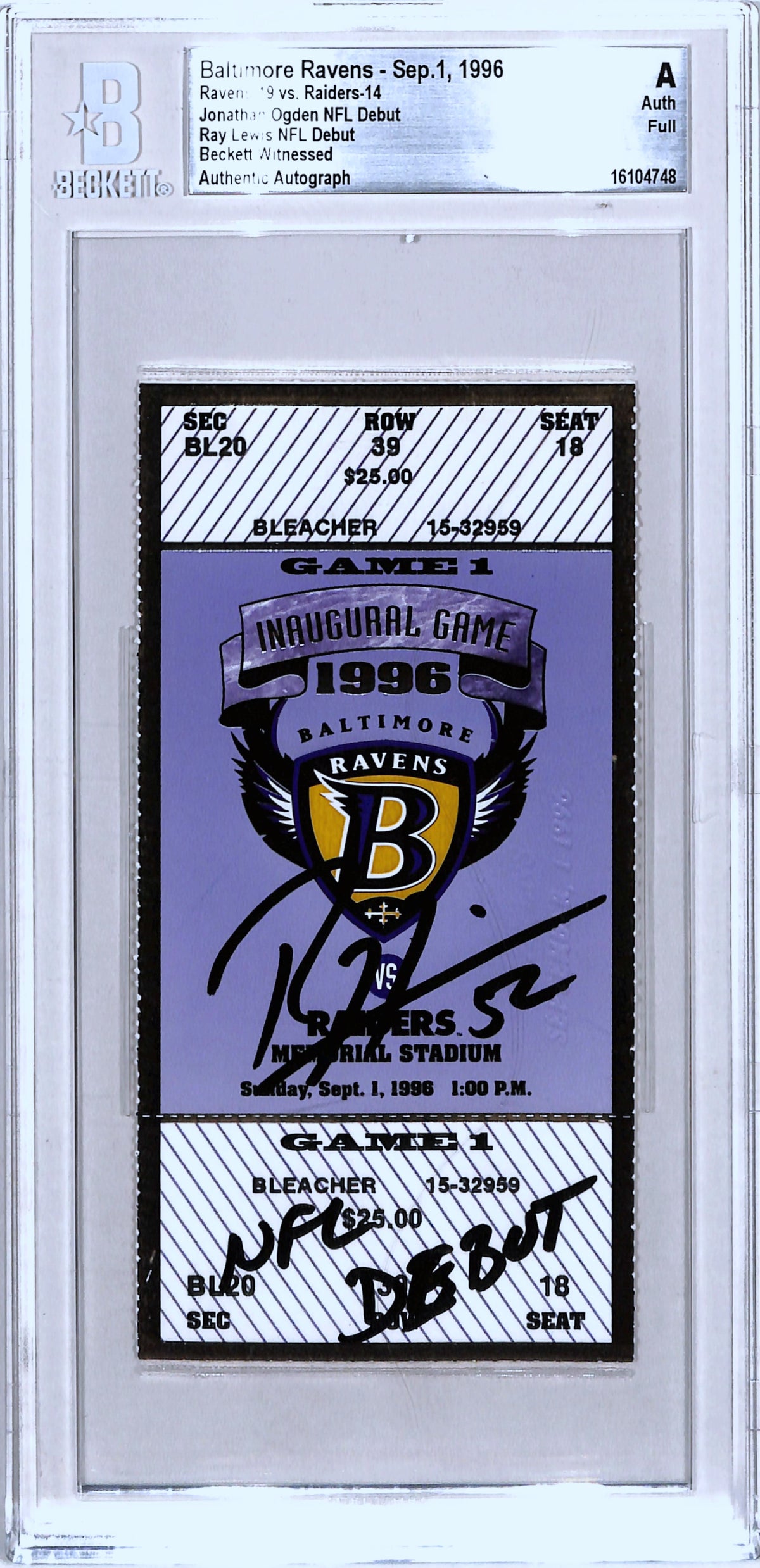 Ray Lewis Baltimore Ravens Signed Card - Ticket Stub 09/01/96 Debut Beckett Slab Beckett-Powers Sports Memorabilia