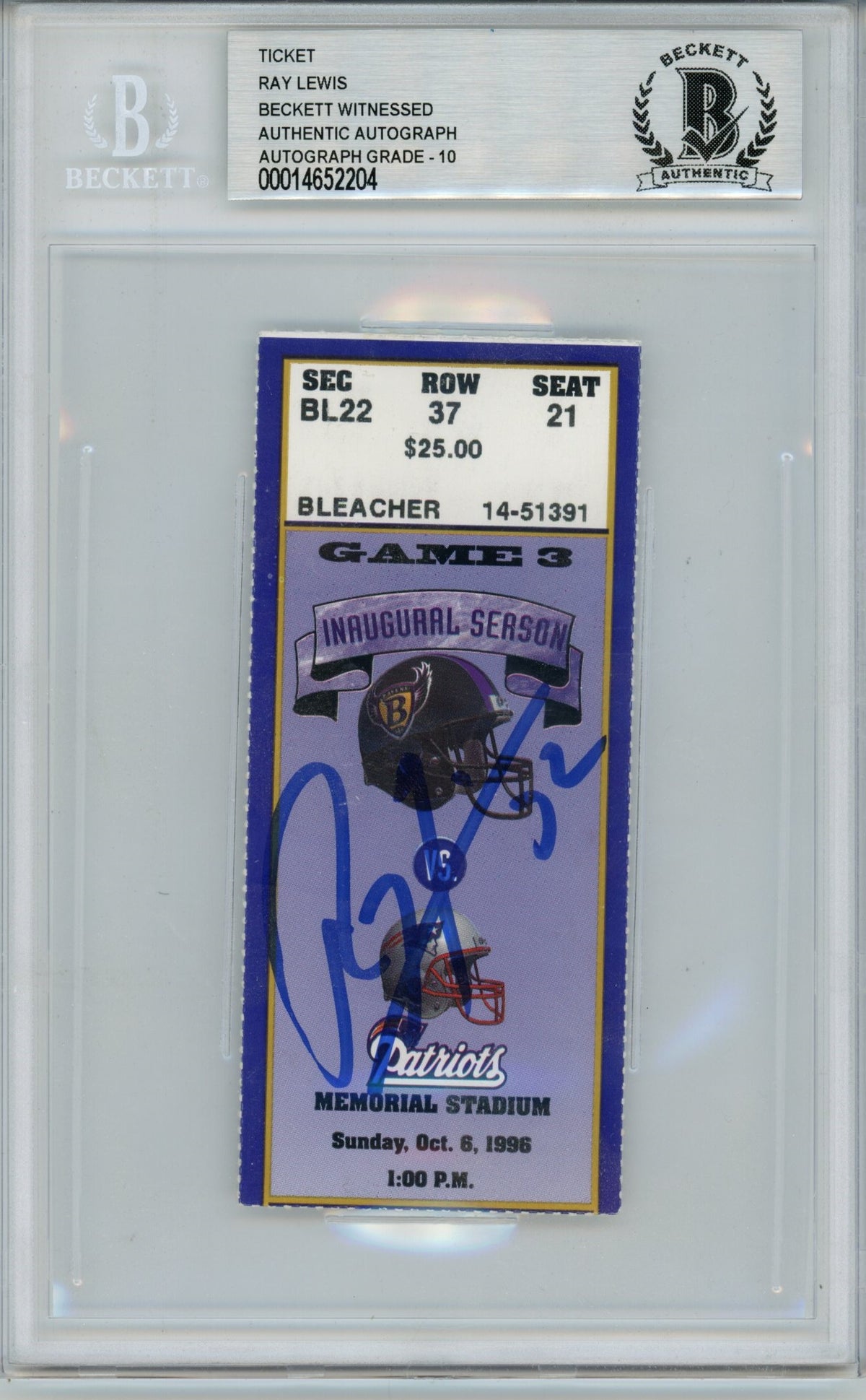 Ray Lewis Baltimore Ravens Signed Card - Ticket 10/6/96 vs Pats BAS Slab Beckett-Powers Sports Memorabilia