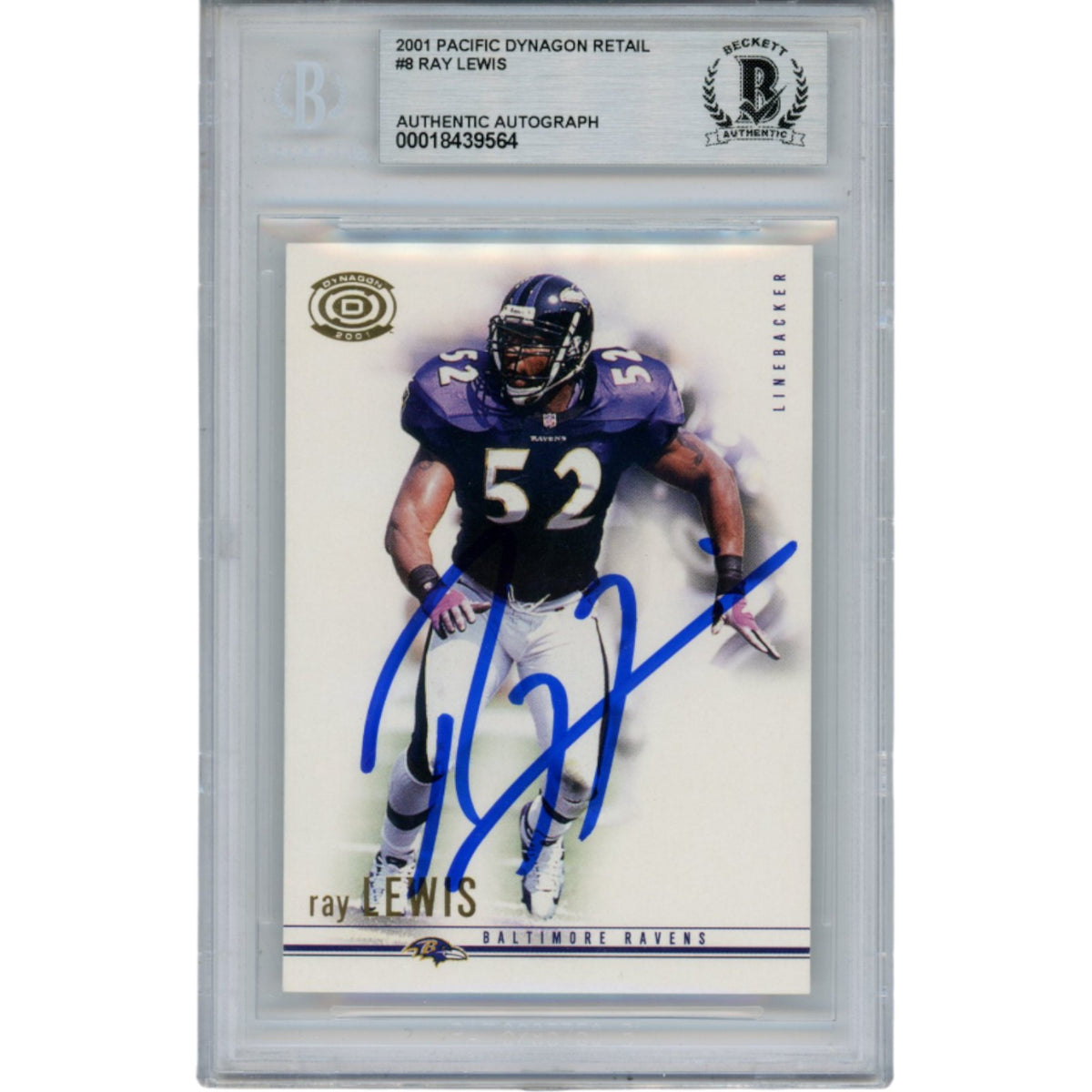 Ray Lewis Baltimore Ravens Signed Card - 2001 Pacific Dynagon #8 Slab Beckett Beckett-Powers Sports Memorabilia
