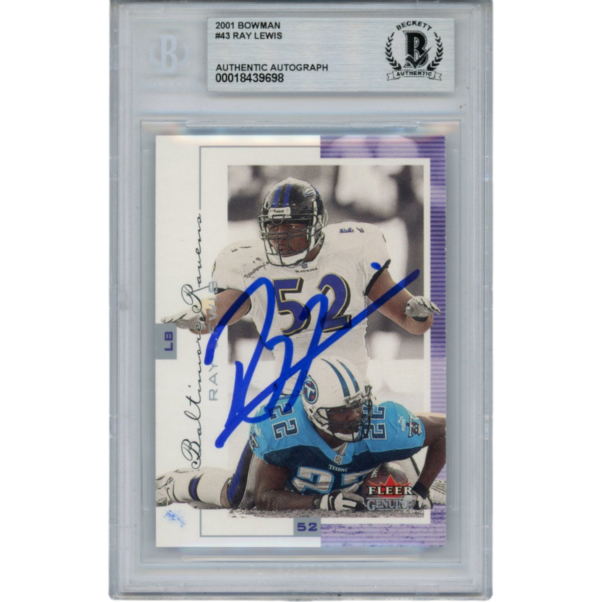 Ray Lewis Baltimore Ravens Signed Card - 2001 Bowman #43 Slab Beckett Beckett-Powers Sports Memorabilia