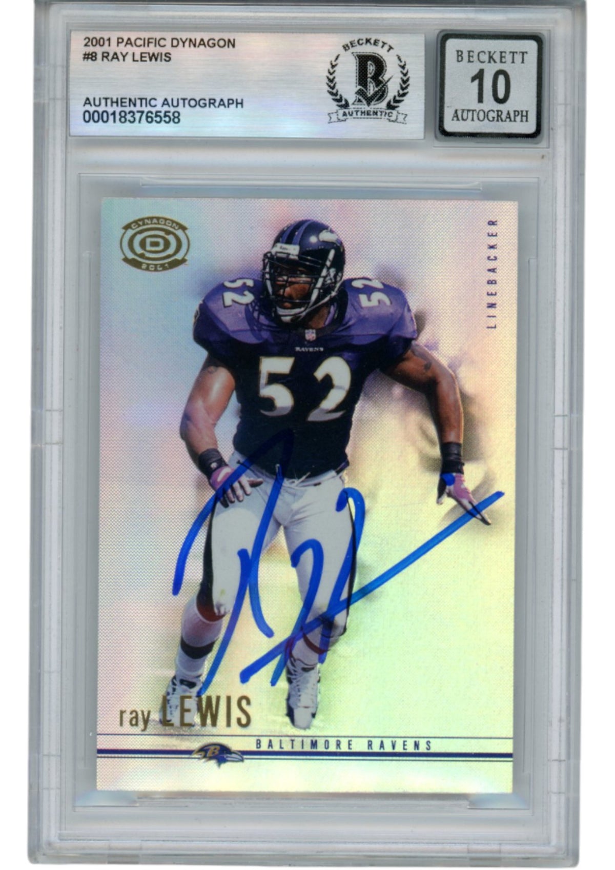 Ray Lewis Baltimore Ravens Signed Card - 2001 Pacific Dynagon #8 Beckett Beckett-Powers Sports Memorabilia