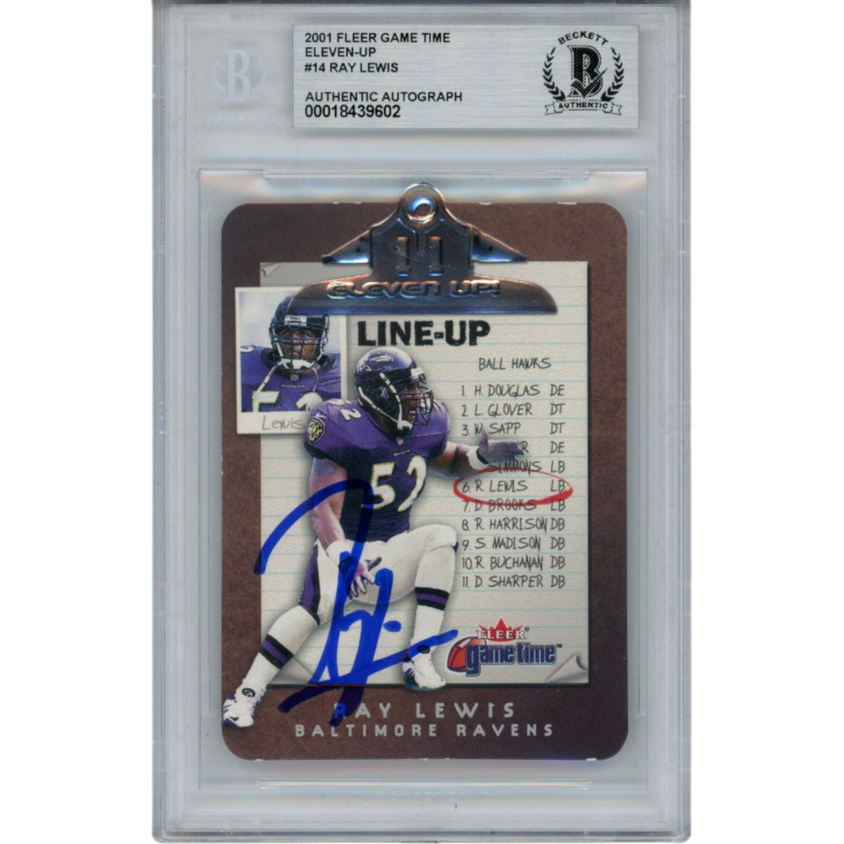 Ray Lewis Baltimore Ravens Signed Card - 2001 Fleer Eleven Up #14/15 Beckett Beckett-Powers Sports Memorabilia