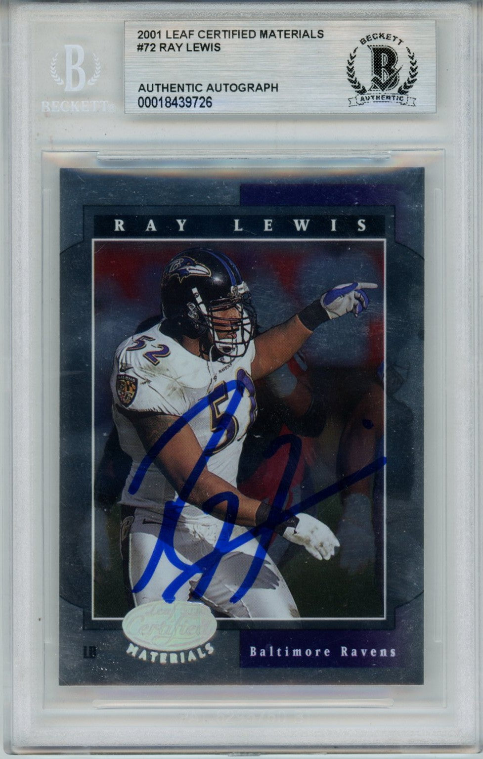 Ray Lewis Baltimore Ravens Signed Card - 2001 Leaf Certified #72 Slabbed Beckett Beckett-Powers Sports Memorabilia