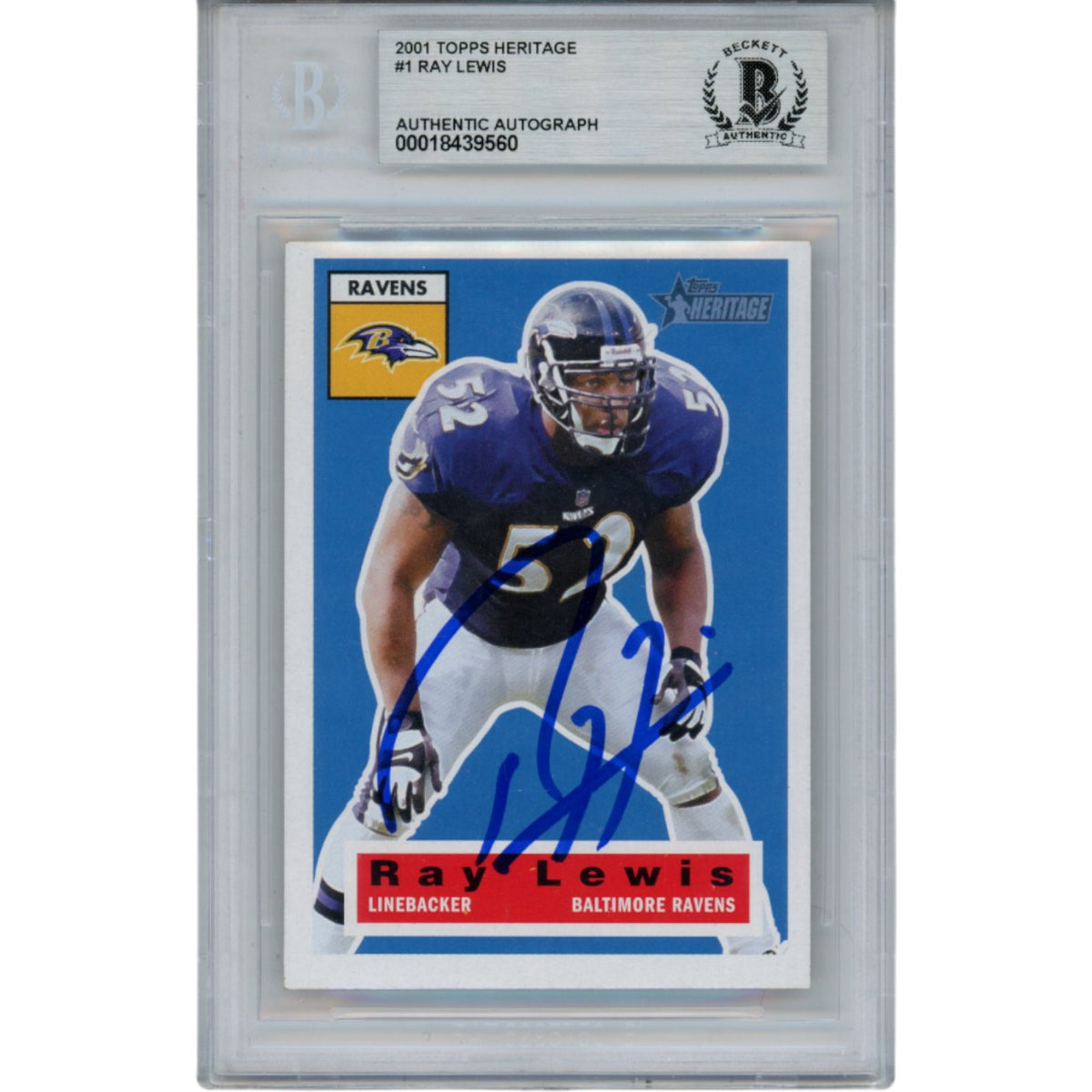 Ray Lewis Baltimore Ravens Signed Card - 2001 Topps Heritage #1 Slab Beckett Beckett-Powers Sports Memorabilia