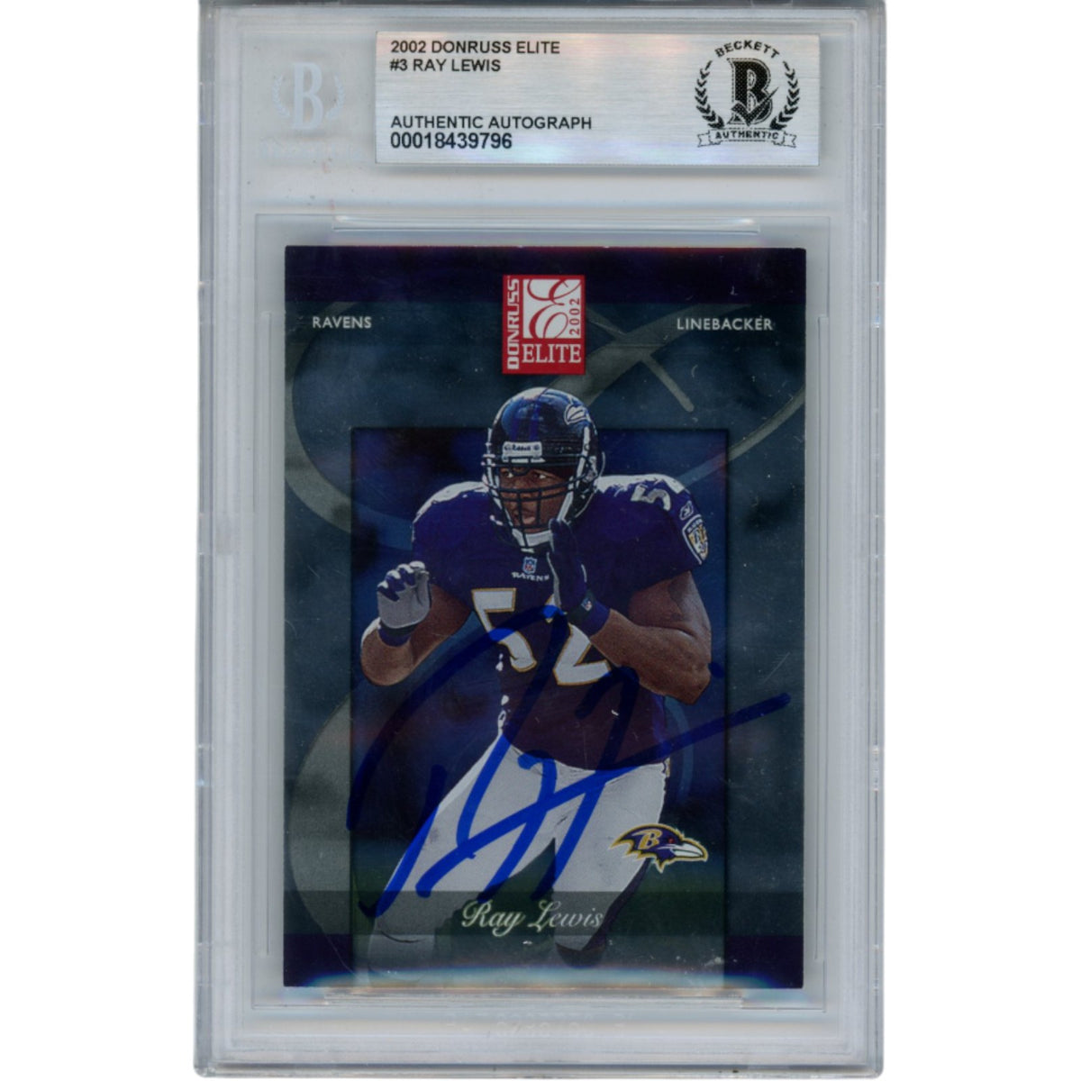 Ray Lewis Baltimore Ravens Signed Card - 2002 Donruss Elite #3 Slab Beckett Beckett-Powers Sports Memorabilia