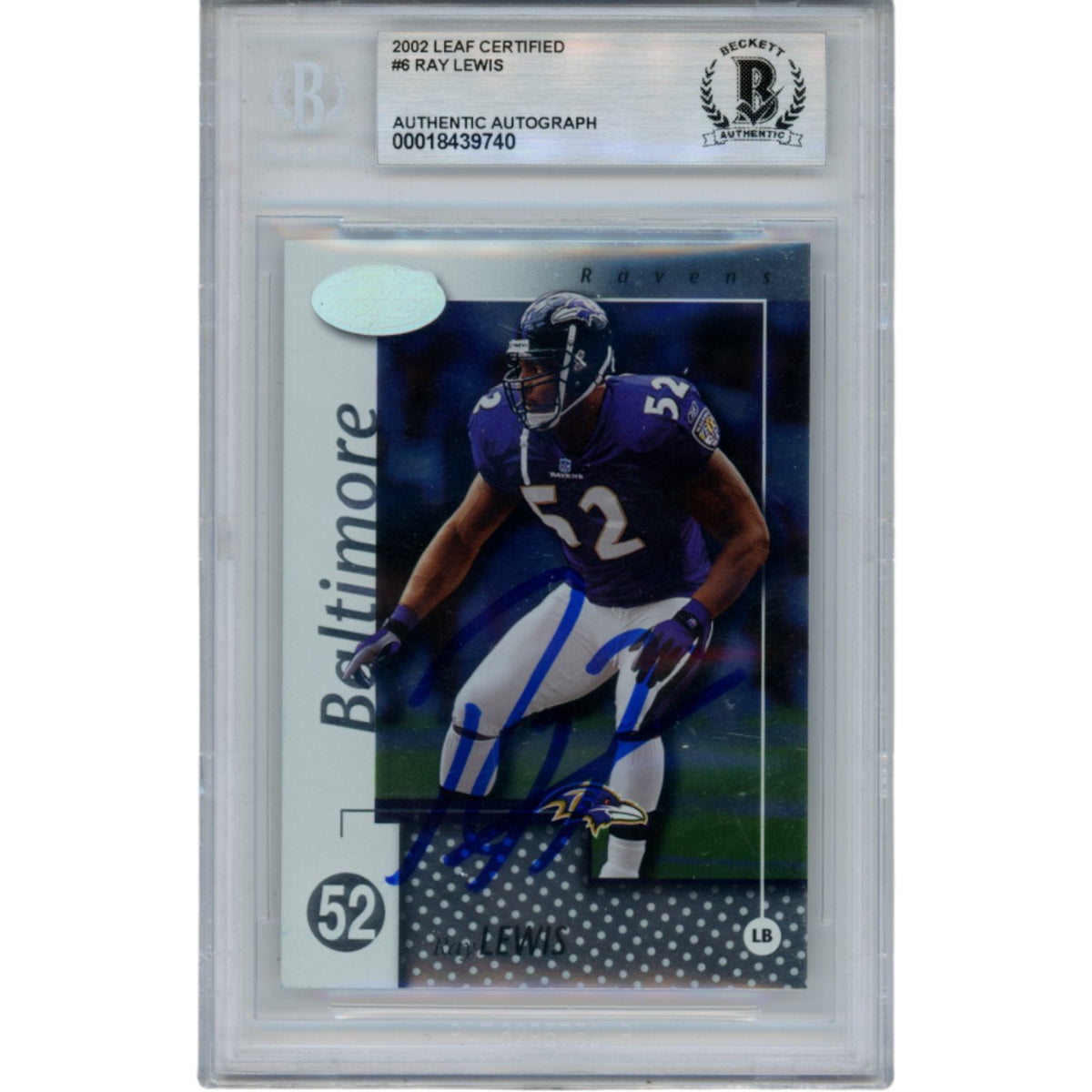 Ray Lewis Baltimore Ravens Signed Card - 2002 Leaf Certified #6 Slab Beckett Beckett-Powers Sports Memorabilia