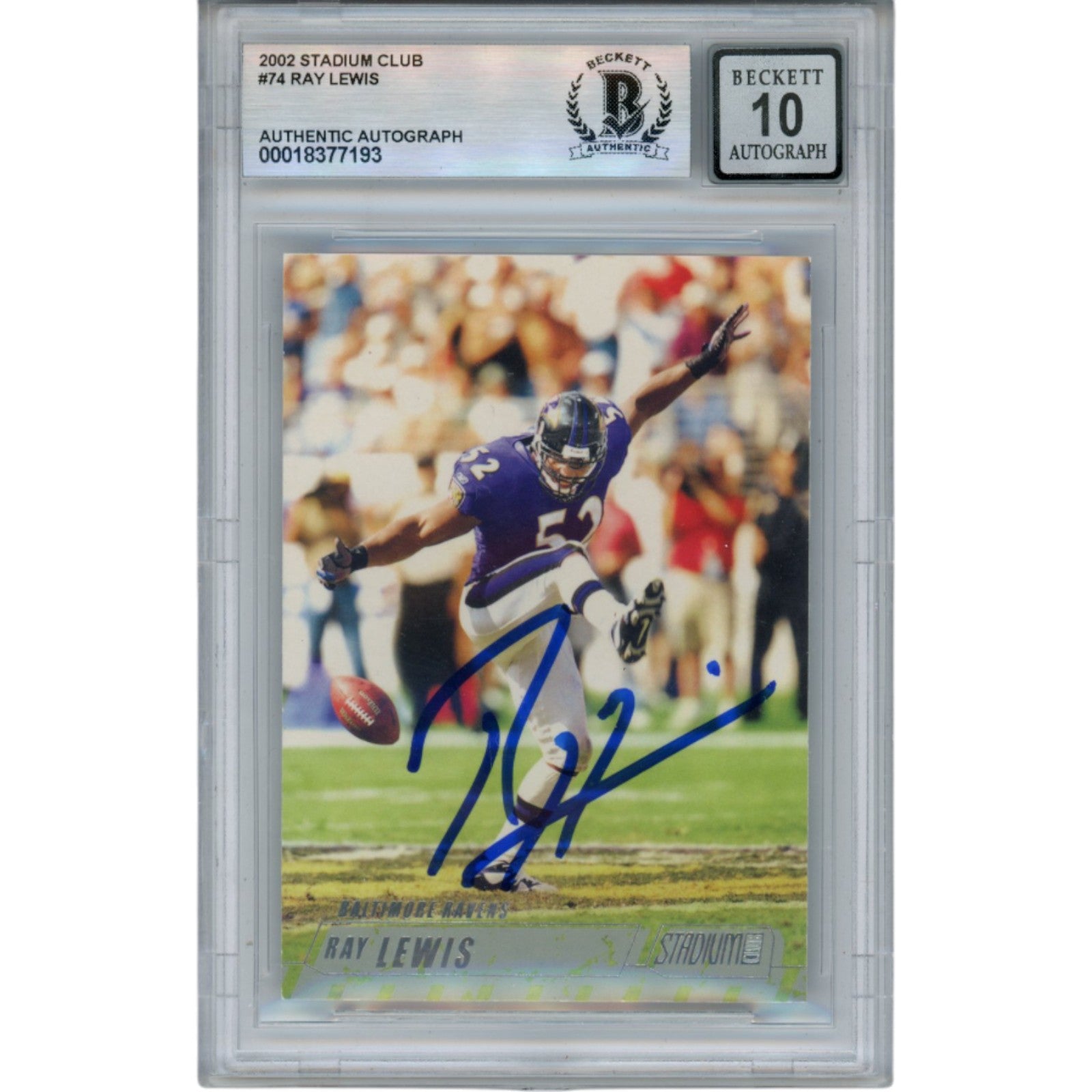 Ray Lewis Baltimore Ravens Signed Card - 2002 Topps Stadium Club #74 Beckett Beckett-Powers Sports Memorabilia