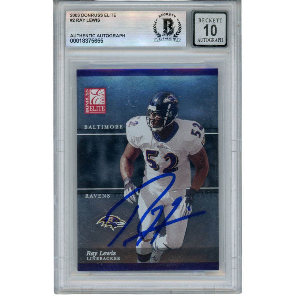 Ray Lewis Baltimore Ravens Signed Card - 2003 Donruss Elite #2 Beckett Beckett-Powers Sports Memorabilia