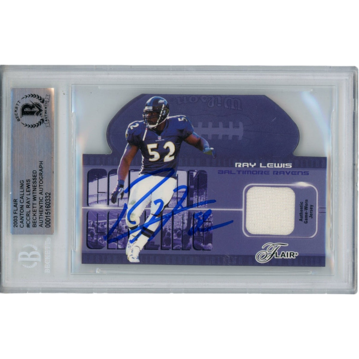 Ray Lewis Baltimore Ravens Signed Card - 03 Fleer Die Cut Relic Beckett Beckett-Powers Sports Memorabilia