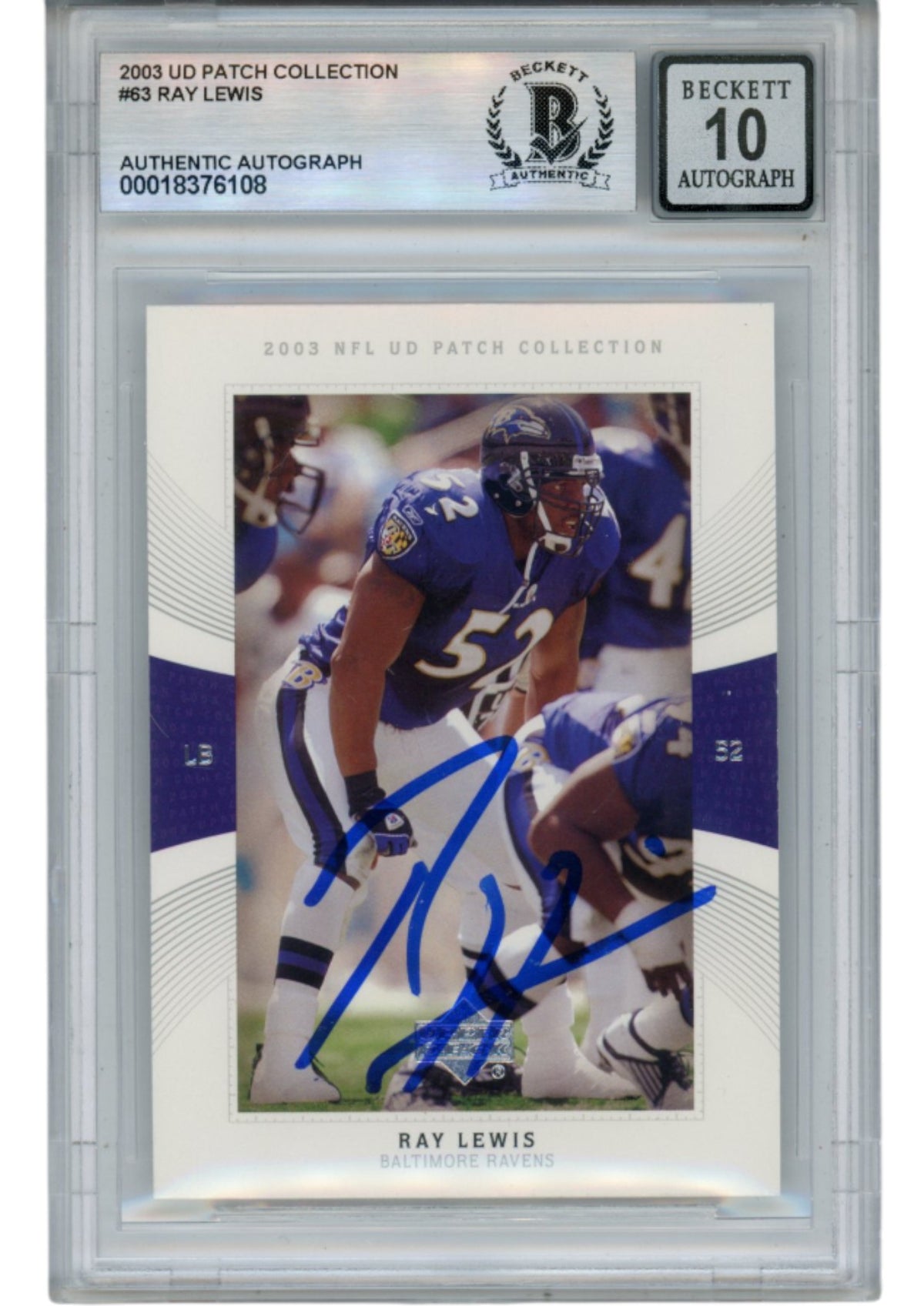 Ray Lewis Baltimore Ravens Signed Card - 2003 Upper Deck Patch #63 Beckett Beckett-Powers Sports Memorabilia