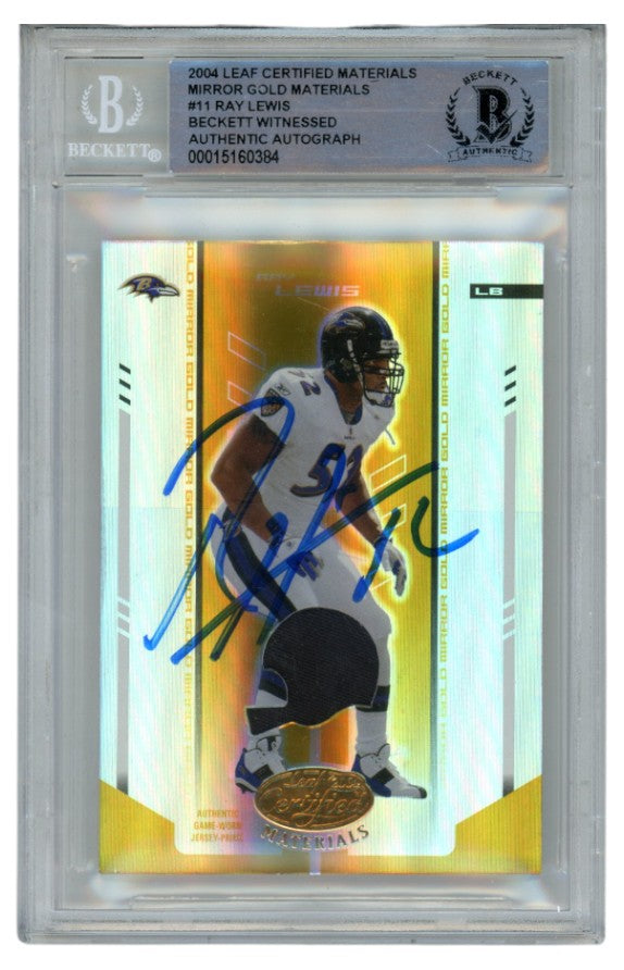 Ray Lewis Baltimore Ravens Signed Card - 2004 Leaf Materials #11 /25 Slab Beckett Beckett-Powers Sports Memorabilia