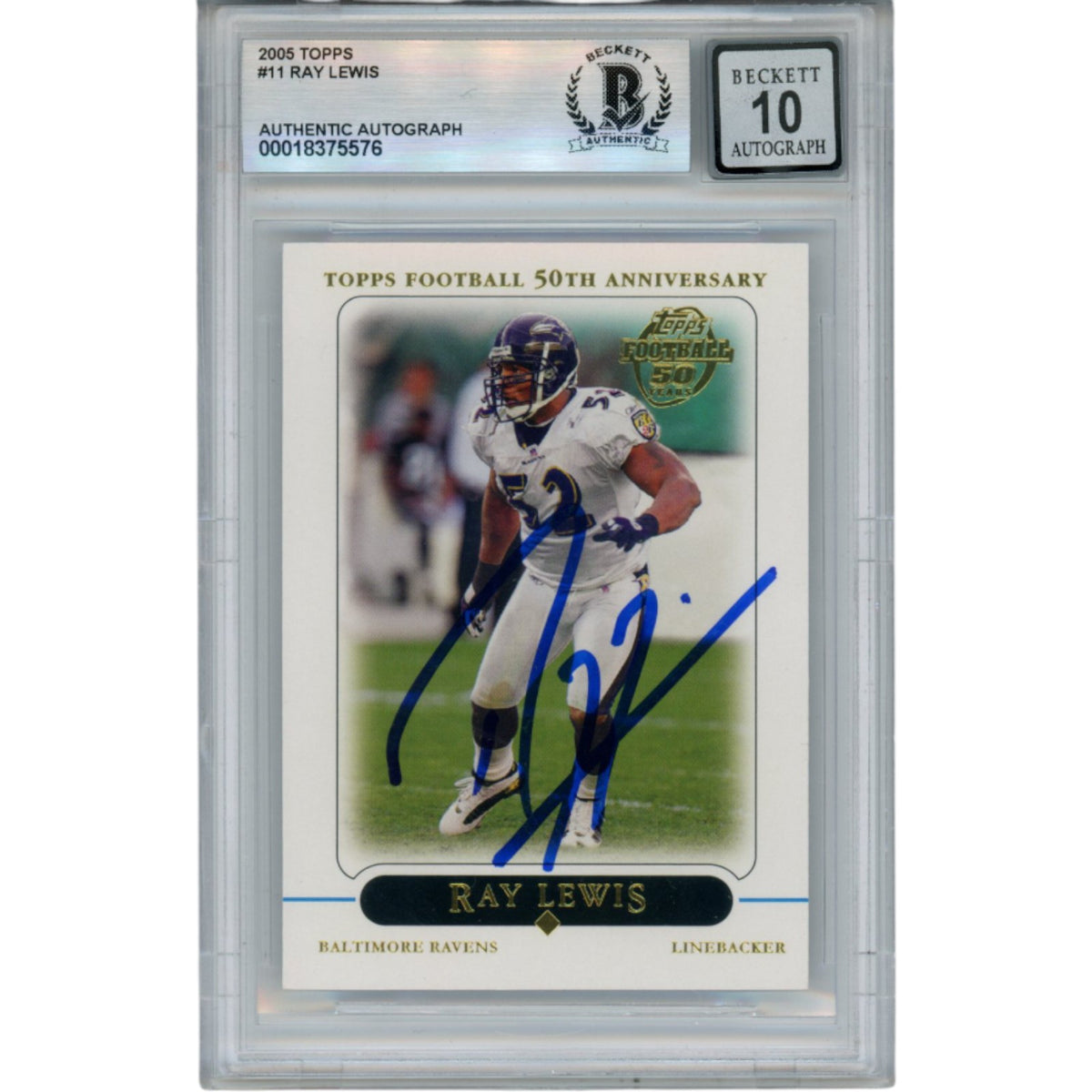 Ray Lewis Baltimore Ravens Signed Card - 2005 Topps #11 Beckett Beckett-Powers Sports Memorabilia