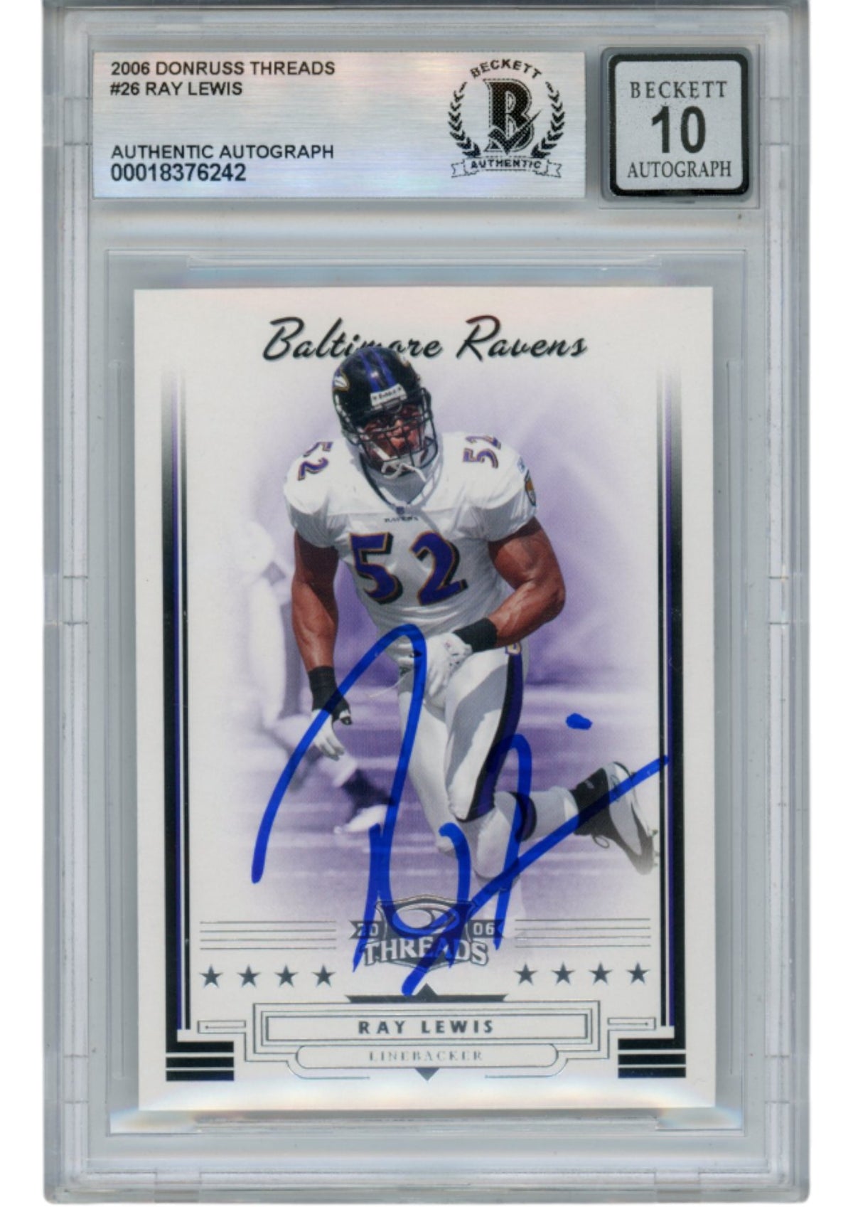 Ray Lewis Baltimore Ravens Signed Card - 2006 Donruss Threads #26 Beckett Beckett-Powers Sports Memorabilia