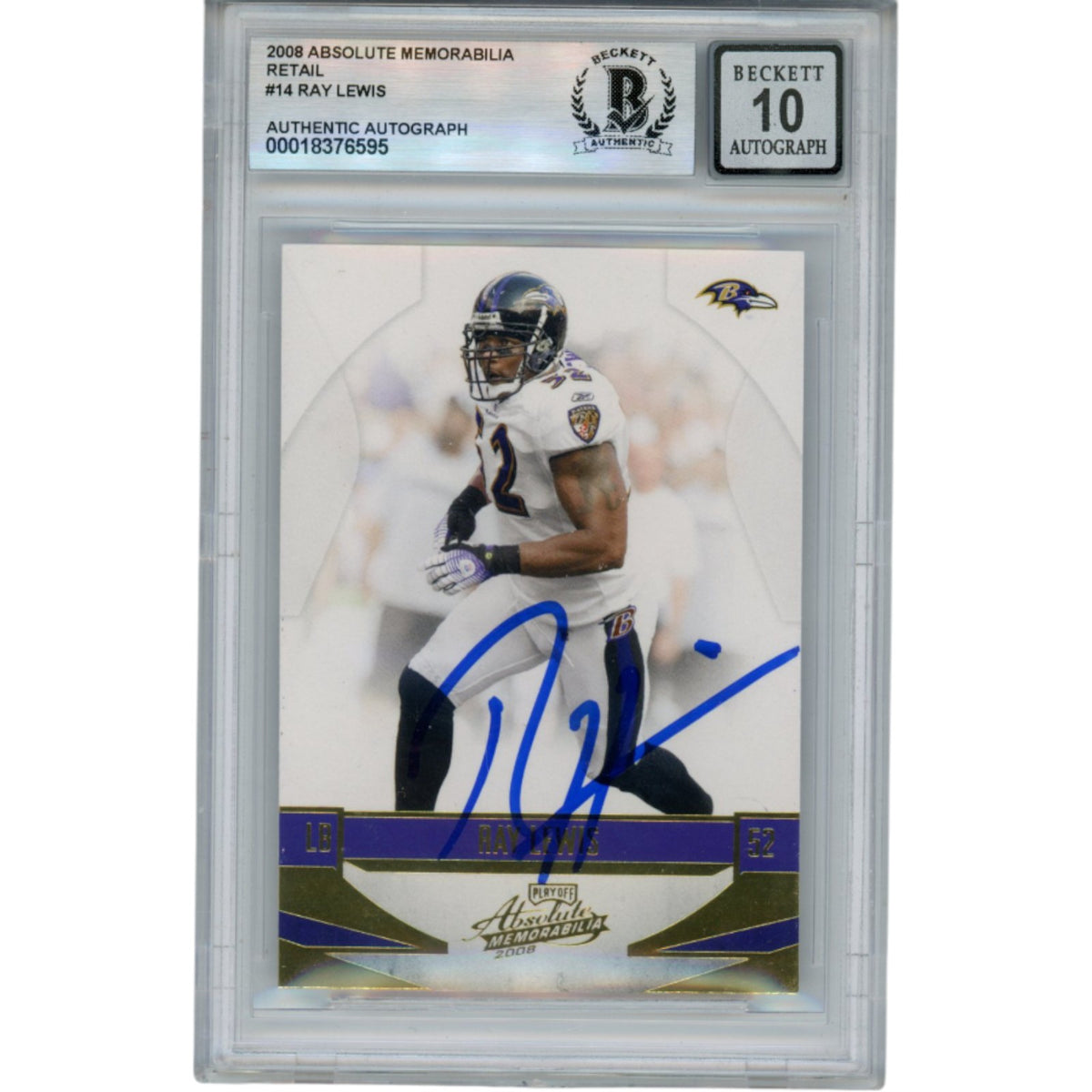 Ray Lewis Baltimore Ravens Signed Card - 2008 Playoff Absolute #14 Beckett Beckett-Powers Sports Memorabilia