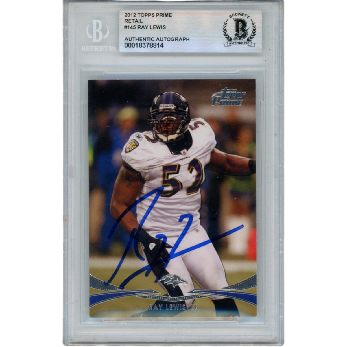 Ray Lewis Baltimore Ravens Signed Card - 2012 Topps Prime #145 Beckett Beckett-Powers Sports Memorabilia