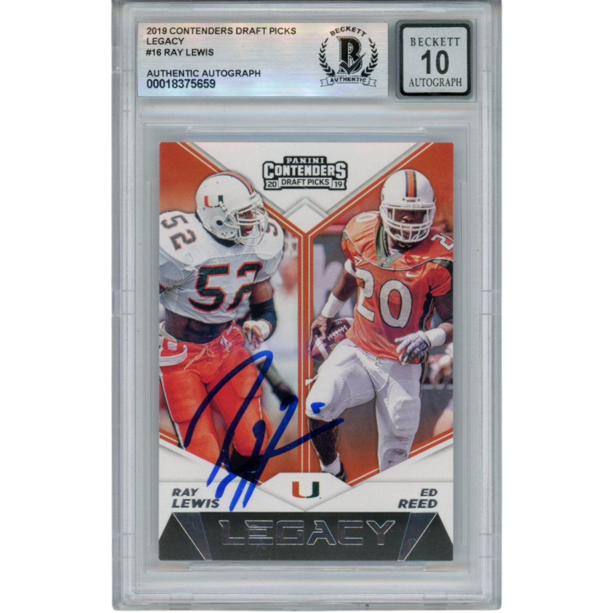 Ray Lewis Miami Hurricanes Signed Card - 2019 Contenders Legacy #16 Beckett Beckett-Powers Sports Memorabilia