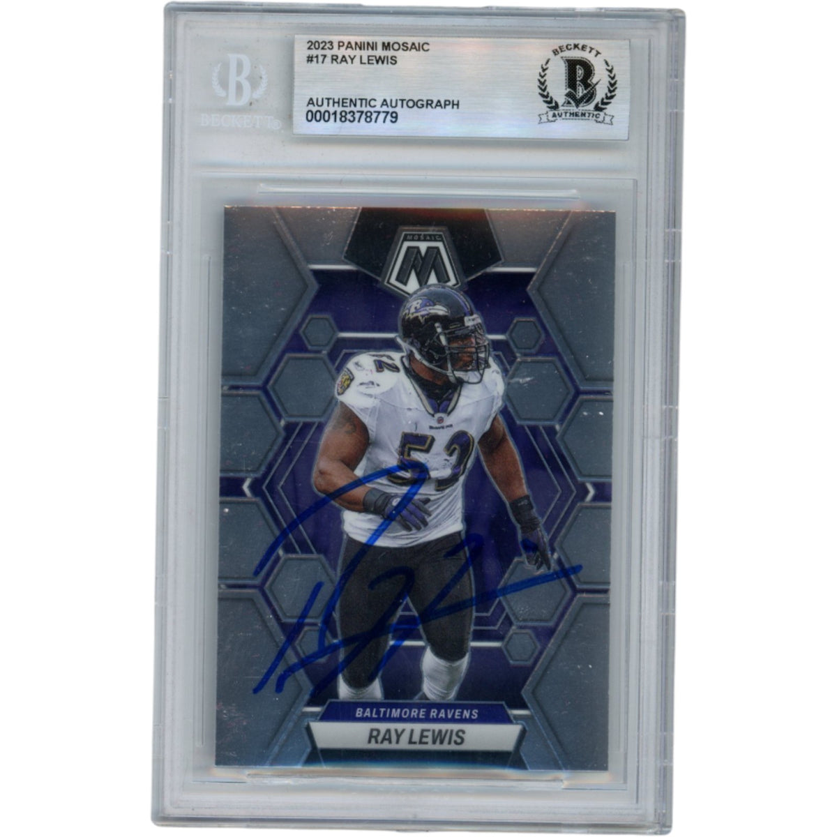 Ray Lewis 2023 Panini Mosiac #17 Trading Signed Card-Powers Sports Memorabilia