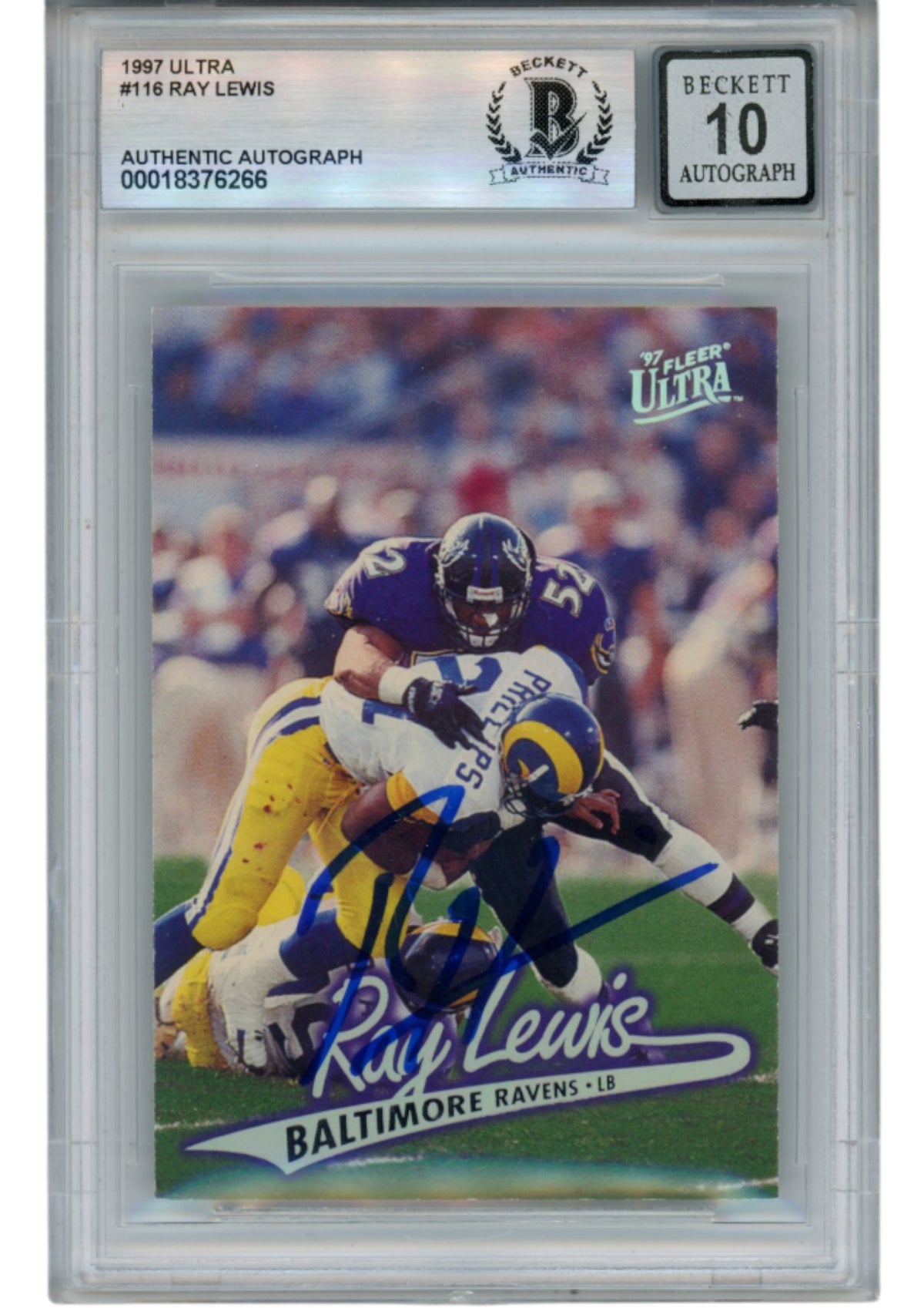 Ray Lewis Baltimore Ravens Signed Card - 1997 Fleer Ultra #116 Beckett Beckett-Powers Sports Memorabilia
