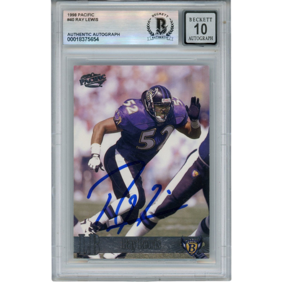 Ray Lewis Baltimore Ravens Signed Card - 1998 Pacific #40 Beckett Beckett-Powers Sports Memorabilia