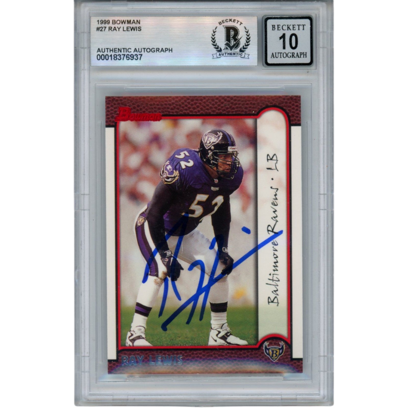 Ray Lewis Baltimore Ravens Signed Card - 1999 Bowman Chrome #27 Beckett Beckett-Powers Sports Memorabilia