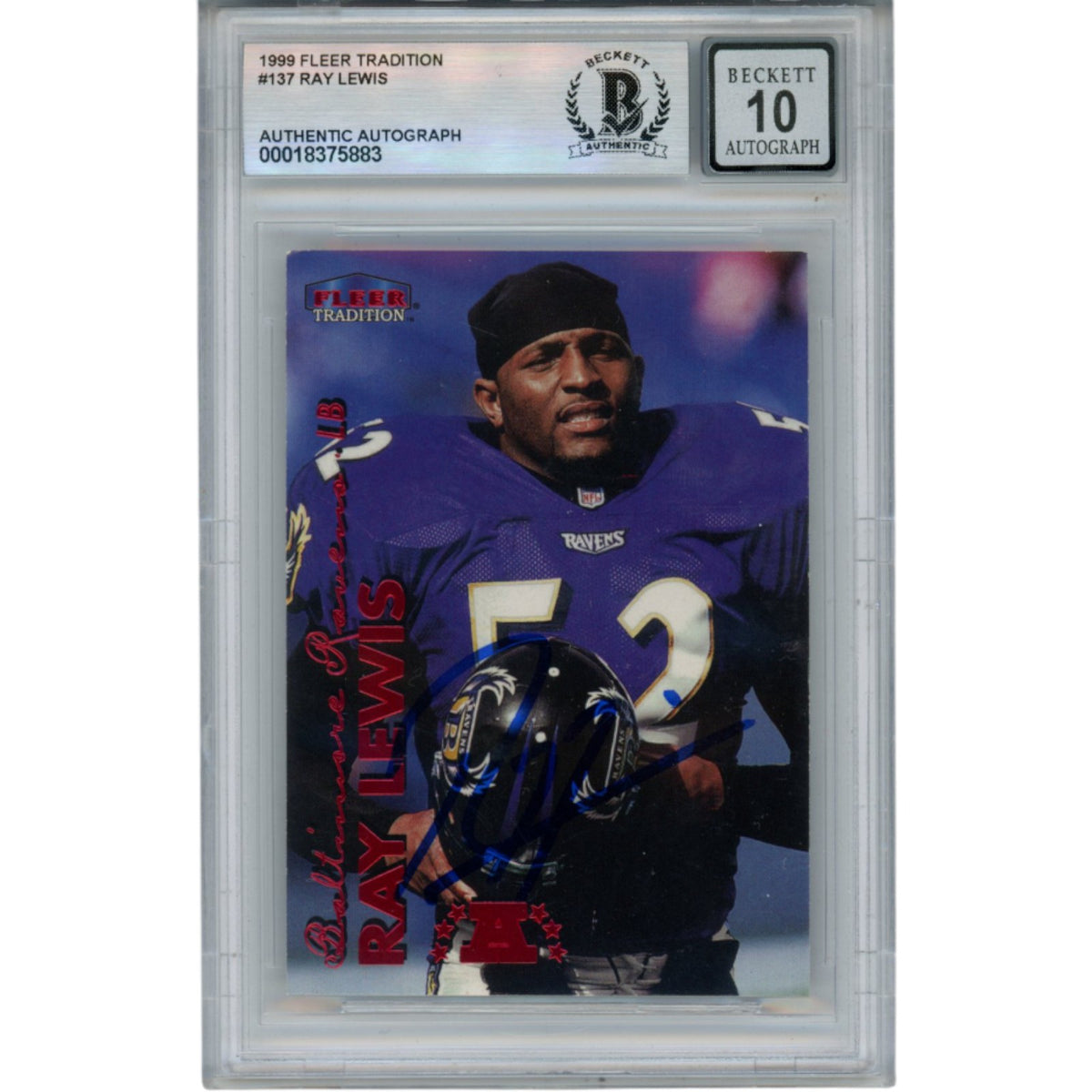 Ray Lewis Baltimore Ravens Signed Card - 1999 Fleer Tradition #137 Beckett Beckett-Powers Sports Memorabilia