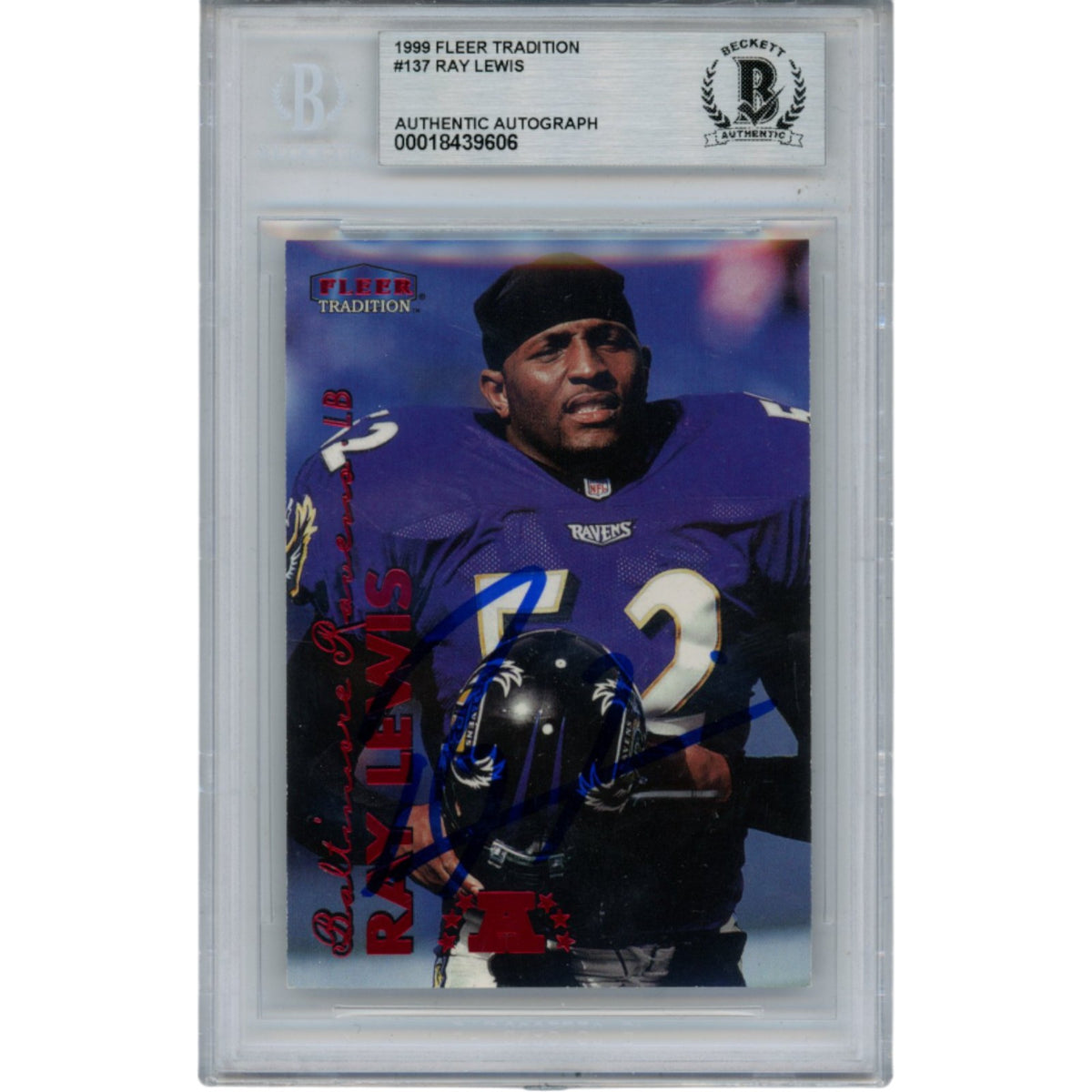 Ray Lewis Baltimore Ravens Signed Card - 1999 Fleer Tradition #137 Slab Beckett Beckett-Powers Sports Memorabilia