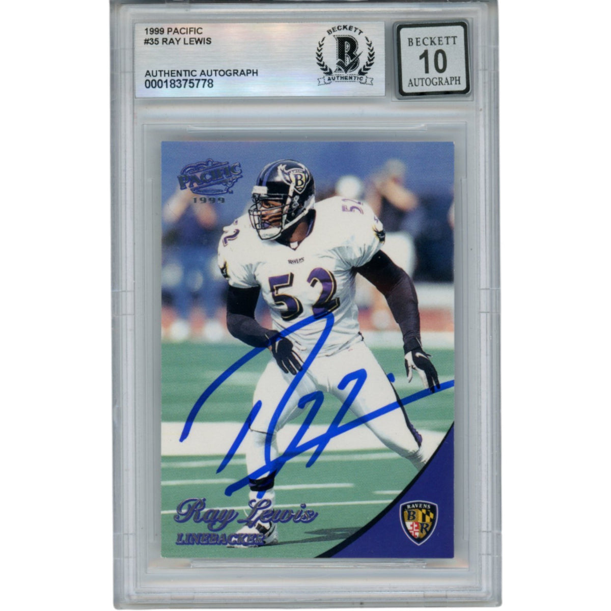 Ray Lewis Baltimore Ravens Signed Card - 1999 Pacific #35 Beckett Beckett-Powers Sports Memorabilia