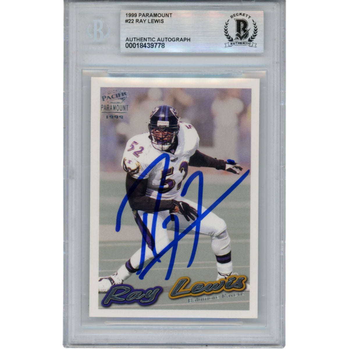 Ray Lewis Baltimore Ravens Signed Card - 1999 Pacific Paramount #22 Slab Beckett Beckett-Powers Sports Memorabilia