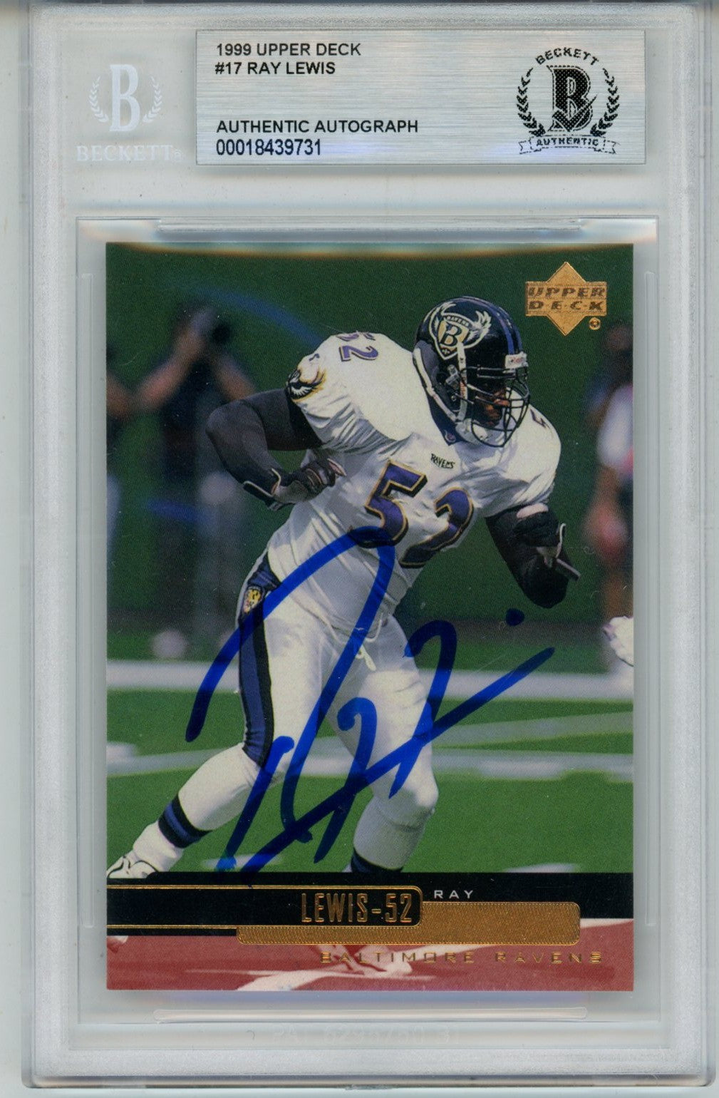 Ray Lewis Baltimore Ravens Signed Card - 1999 Upper Deck #17 Slabbed Beckett Beckett-Powers Sports Memorabilia