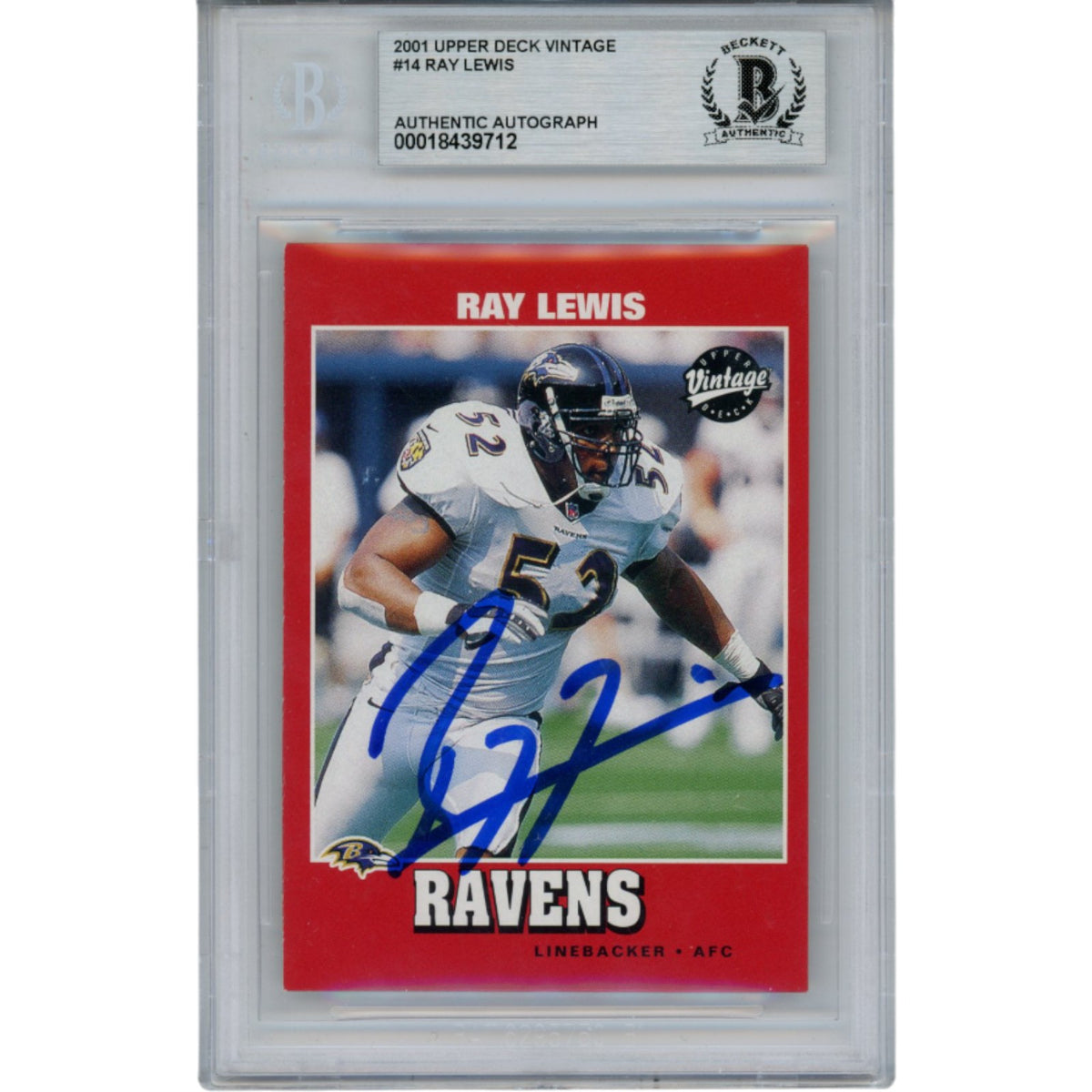 Ray Lewis Baltimore Ravens Signed Card - 2001 UD Vintage #14 Slab Beckett Beckett-Powers Sports Memorabilia