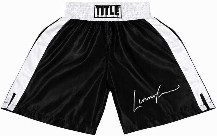 Lennox Lewis Autographed Title Black With White Boxing Trunks-Powers Sports Memorabilia