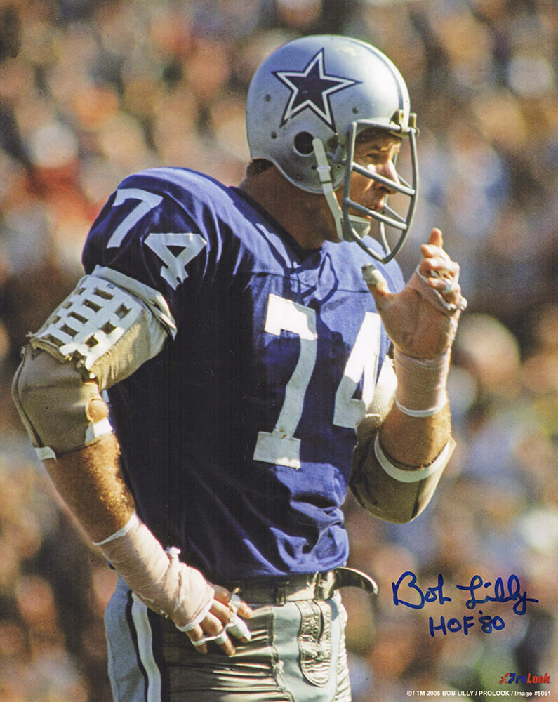 Bob Lilly Autographed Cowboys Navy Jersey Close Up Action 8x10 Photo with HOF'80-Powers Sports Memorabilia