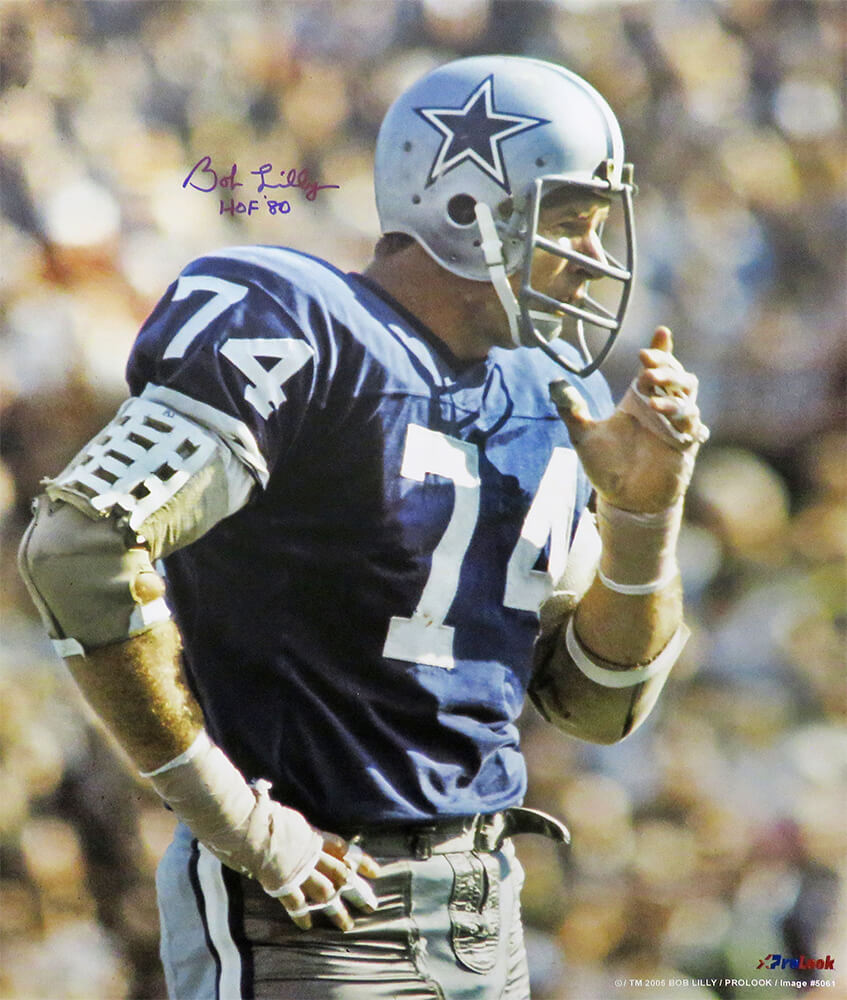 Bob Lilly Autographed Dallas Cowboys Navy Jersey 16x20 Photo with HOF 80-Powers Sports Memorabilia