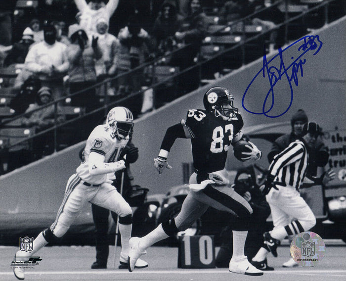 Louis Lipps Autographed Pittsburgh Steelers B&W Action vs Dolphins 8x10 Photo-Powers Sports Memorabilia