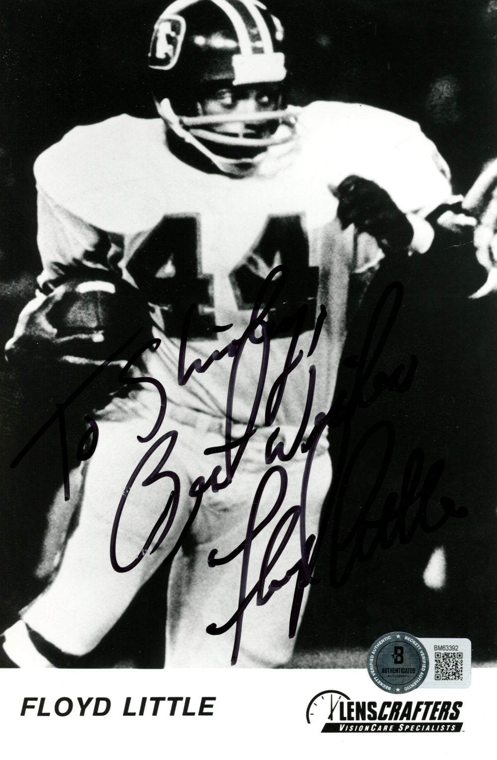 Floyd Little Denver Broncos Signed Mini Helmet - 5x7 Ad To Shirley Beckett Beckett-Powers Sports Memorabilia